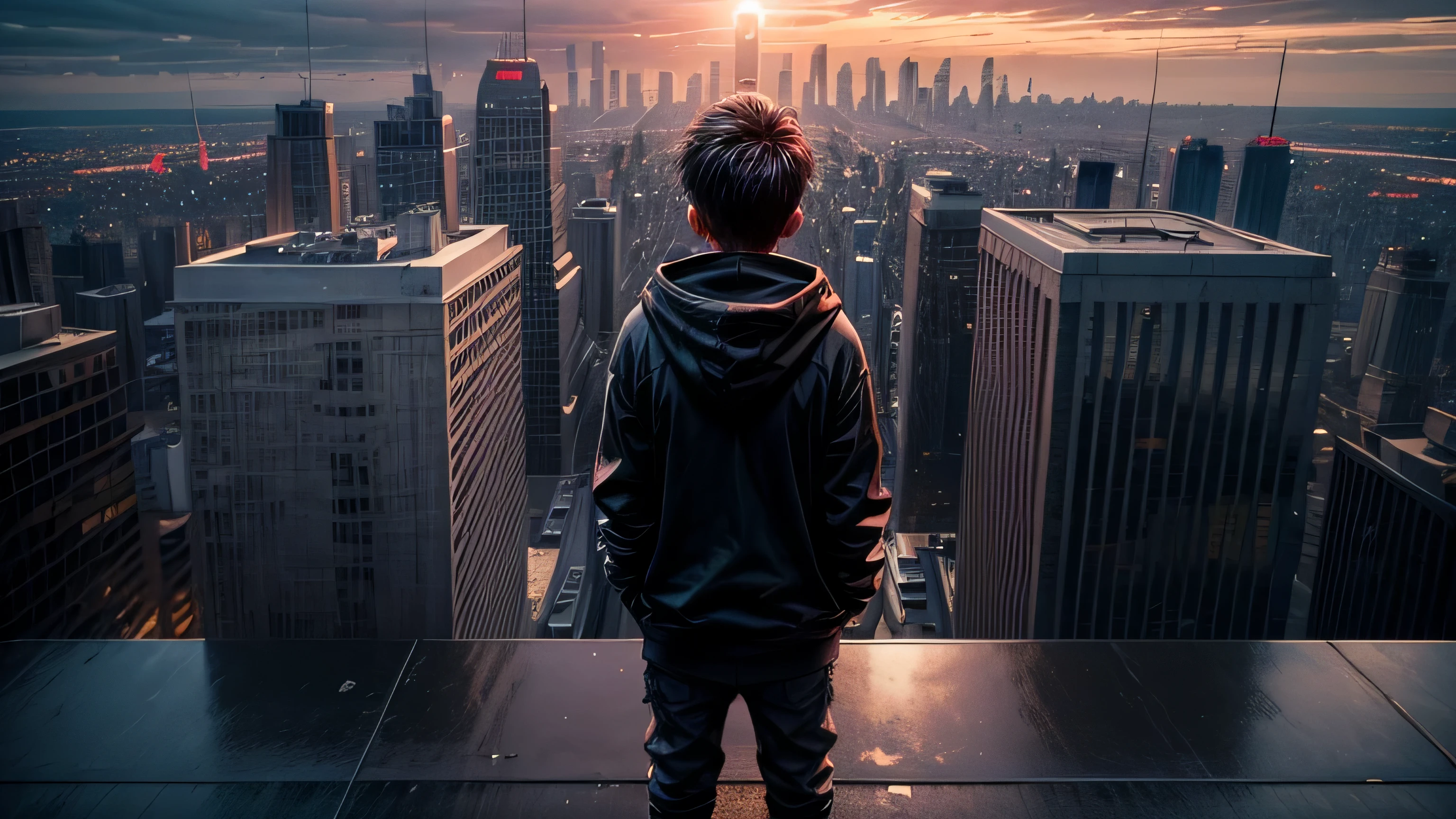 Kid wearing black hoodie standing on a edge of a rooftop of a building looking at the city , back view of him, wide angle image, camera position on the middle ,cinematic colors