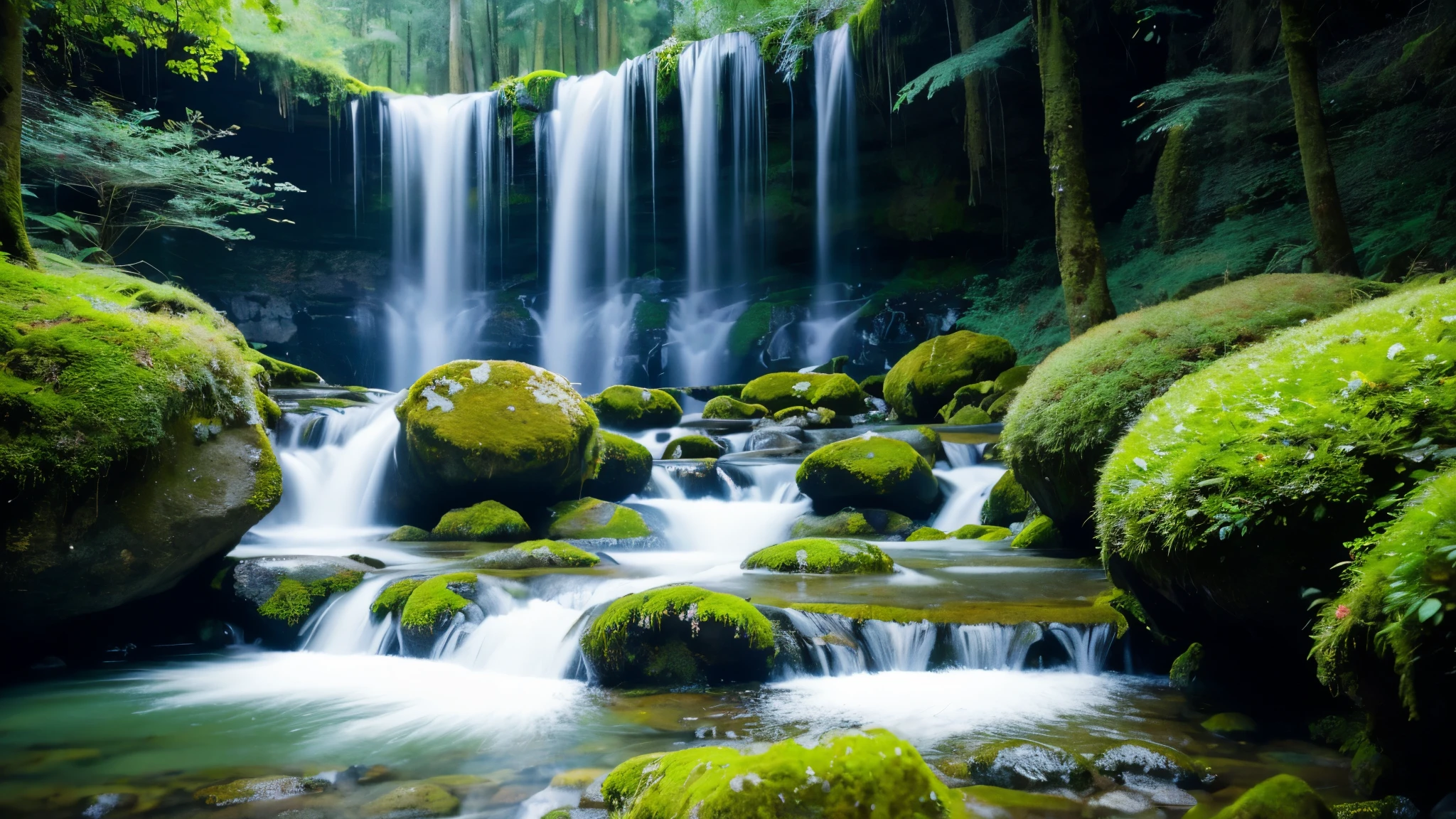 This photo is、Moss-covered rocks capture the waterfall of a stream layered in layers.。The water of the waterfall flows down smoothly、The water appears soft like mist due to the effect of long exposure.。The rocks are covered with bright green moss、Gives a feel of a lush natural environment。background is dark、The waterfall and the green moss stand out vividly.。From the whole photo、You can feel the silence and unexplored beauty of nature.。