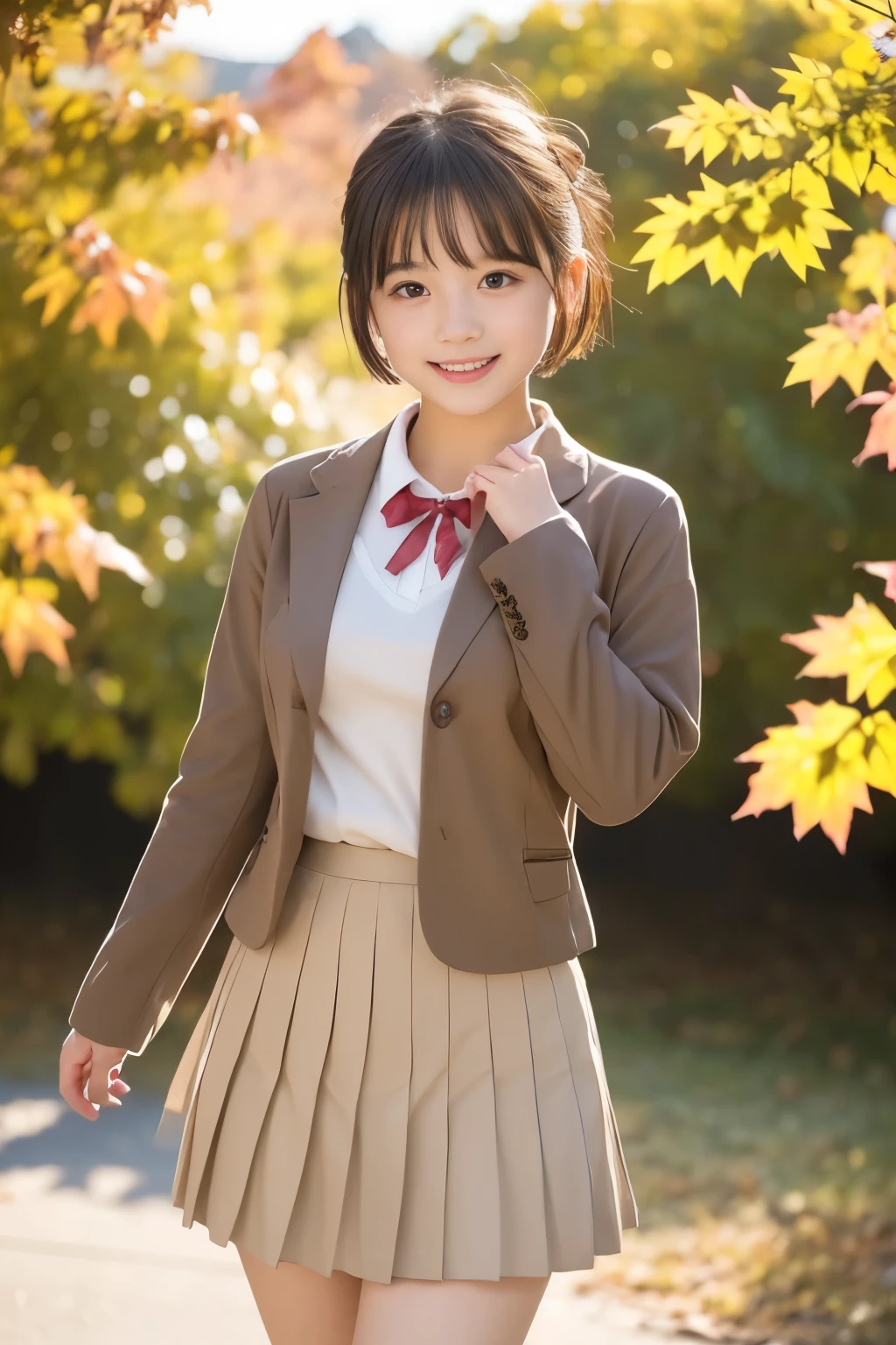 (((masterpiece，8K，highest quality, very detailed)))，Coming running，(one beautiful girl，innocence，cute)，((baby face、Childish，cute10歳の美少女))，Real Gravure Idol，super detailed face、detailed lips、detailed eye、enjoying，((boyish short hair:1.37))，((brown long sleeve blazer, Red Neck Ribbon，light brown pleated mini skirt，Japanese high school uniform with the school emblem on the chest))，Joyful，Excited，rosy cheeks，cozy atmosphere，magic moment，happy memories，love and laughter，small breasts，small ass，slender body shape，low length，A smile that makes you want to hug me，warm air，anatomically accurate，movie lighting，Love overflows，I like you，Natural light，autumn scenery，Beautiful autumn leaves，blue and high sky，Feeling of sprinting，Pose with movement