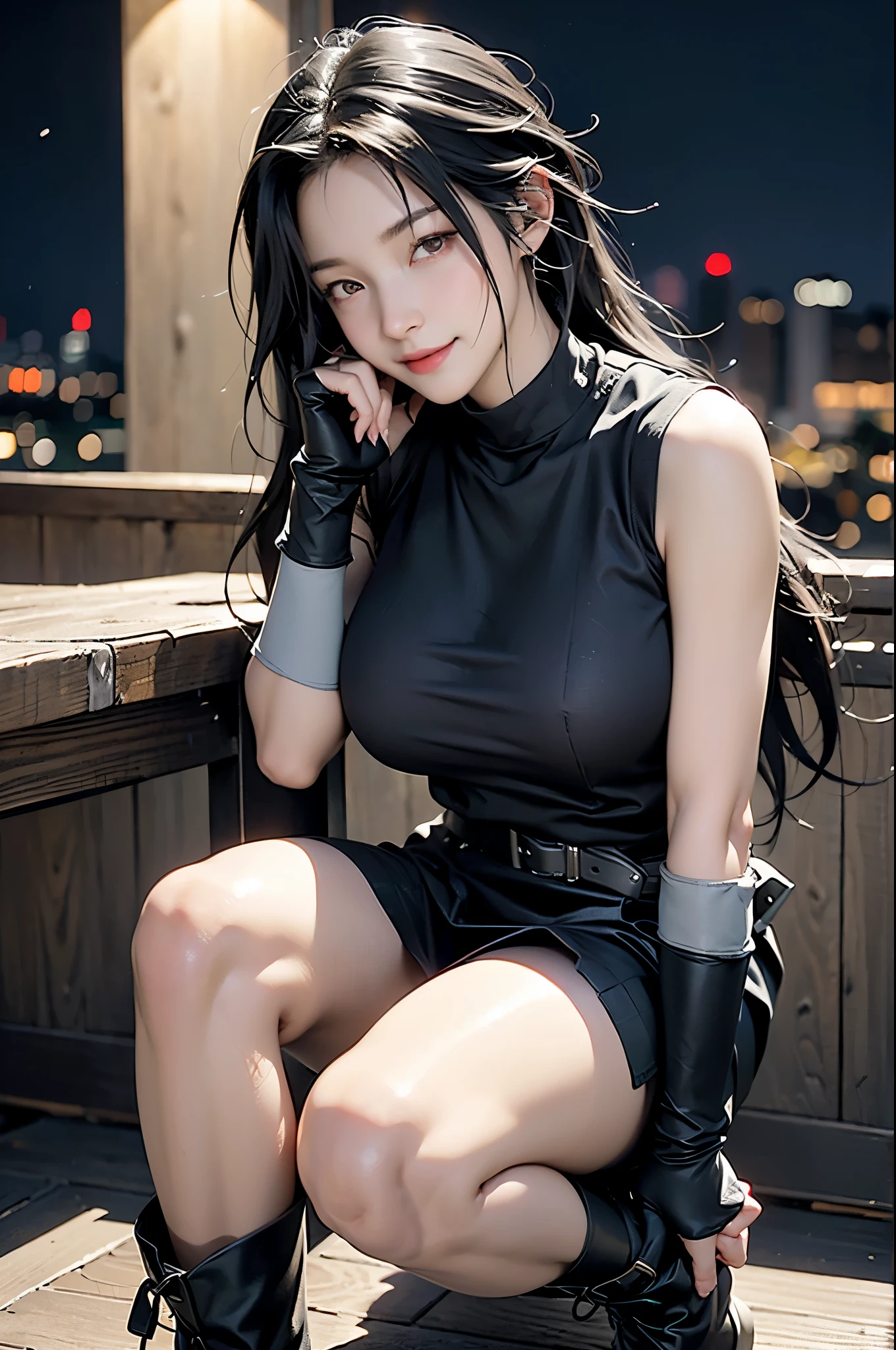 (8k, best quality, masterpiece: 1.2), (actual, lifelike: 1.37), Super details, a girl, Lovely, alone, (Tifa Lockhart), (big breasts), (漂亮的Eye), (Smile: 1.2), closure, model pose, (green neon), city View, depth of field, dark intense shadow, sharp focus, motion blur, depth of field, work, , Final Fantasy VII, (nose brush), single Elbow pads, ankle boots, black hair, Red boots, elbow gloves, Elbow pads, fingerless gloves, exercise well, black skirt (sling), white vest: 1.5, whole body, headrest, beautiful face, Low tie long hair, (Red_Eye), (night: 1.5), complicated, Cinema lighting, photon mapping, Radiosity, Physically based rendering, (Tetsuya Nomura Style), Perfect breasts, split: 1.2,(huge breasts:1.2),wet skin