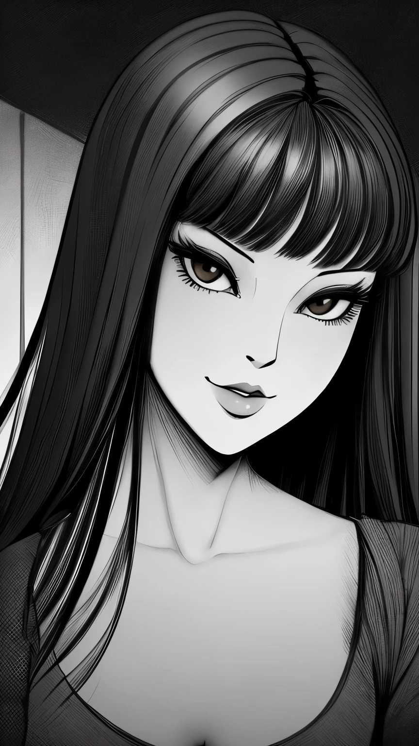 ((ultra quality)), ((masterpiece)), Tomie, Black & White Style, manga, ((black long hair)), (Beautiful face), (beautiful female lips), (), charming, ((sexy facial expression)), looks at the camera with a slight smile, (skin color white), (White skin), glare on the body, ((Detailed eyes)), ((Brown eyes)), (juicy female lips), (dark eyeliner), (beautiful female hands), ((ideal female figure)), ideal female body, beautiful waist, beautiful hips, medium breasts, ((subtle and beautiful)), A seductive stance (), (одета в японскую школьную форму Black & White Style) background: The Japanese School, corridor, ((depth of field)), ((high quality clear image)), (clear details), ((high detail)), realistically, professional photo session, ((Clear Focus))