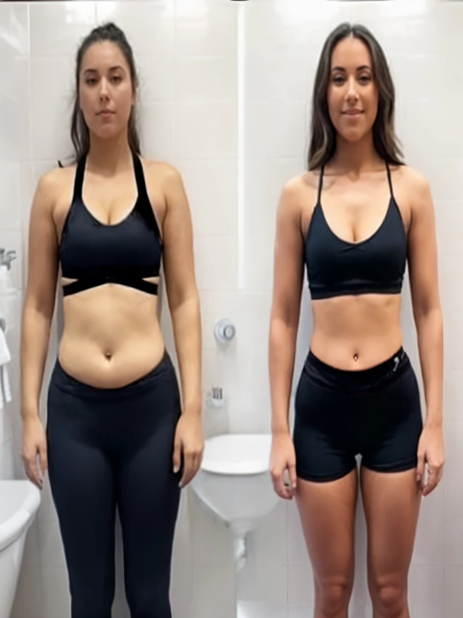 arafed woman in a bathroom before and after a weight loss, lean and toned, skinny waist and thick hips, half - body composition, fit pic, mid-transformation, short flat hourglass slim figure, toned, before and after, half body cropping, front and back, water to waist, 😭🤮 💔, fit curvy physique