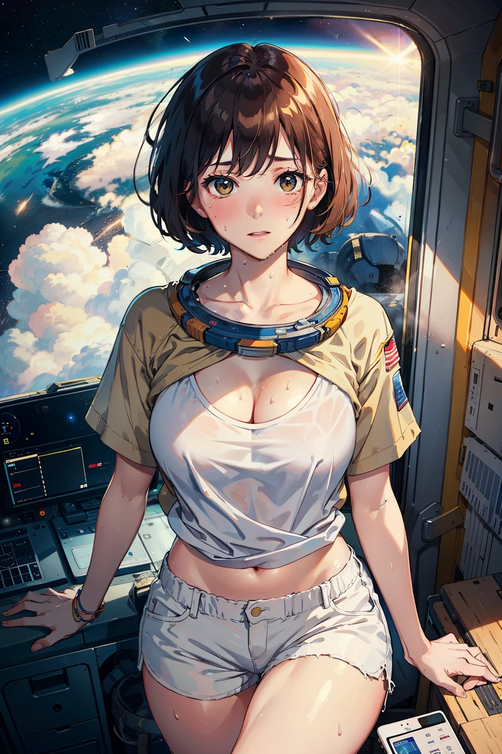 Female astronaut about to take off her spacesuit, shabby khaki T-shirt, white shorts, cleavage emphasized, sweaty, blushing, changing clothes.