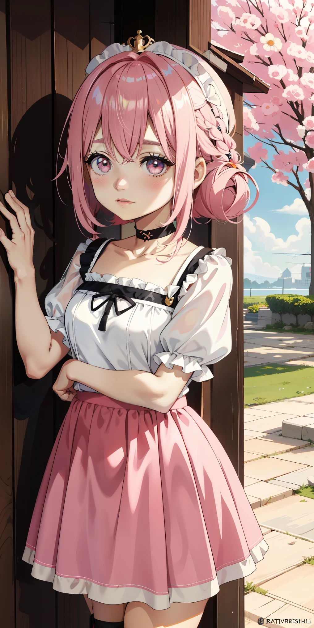 anime com cabelo rosa e orelhas de coelho em gravata rosa, olhos rosa, shy blush, bonito, Bolsa pequena, Ciberpunk