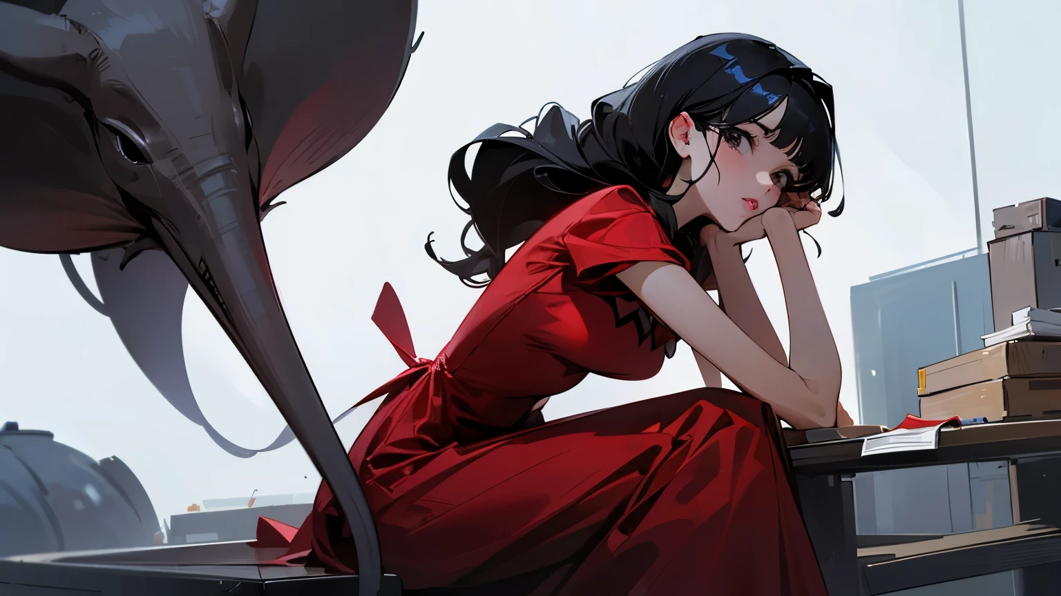 she has a slim body, has a black eyes , a high nose bridge, heart-shaped lips and a balanced face. He is very nosy and can't keep quiet,grown,and have a black hair and no bangs on her hair then her hair was tied up,she is a hard worker,she wears a red dress