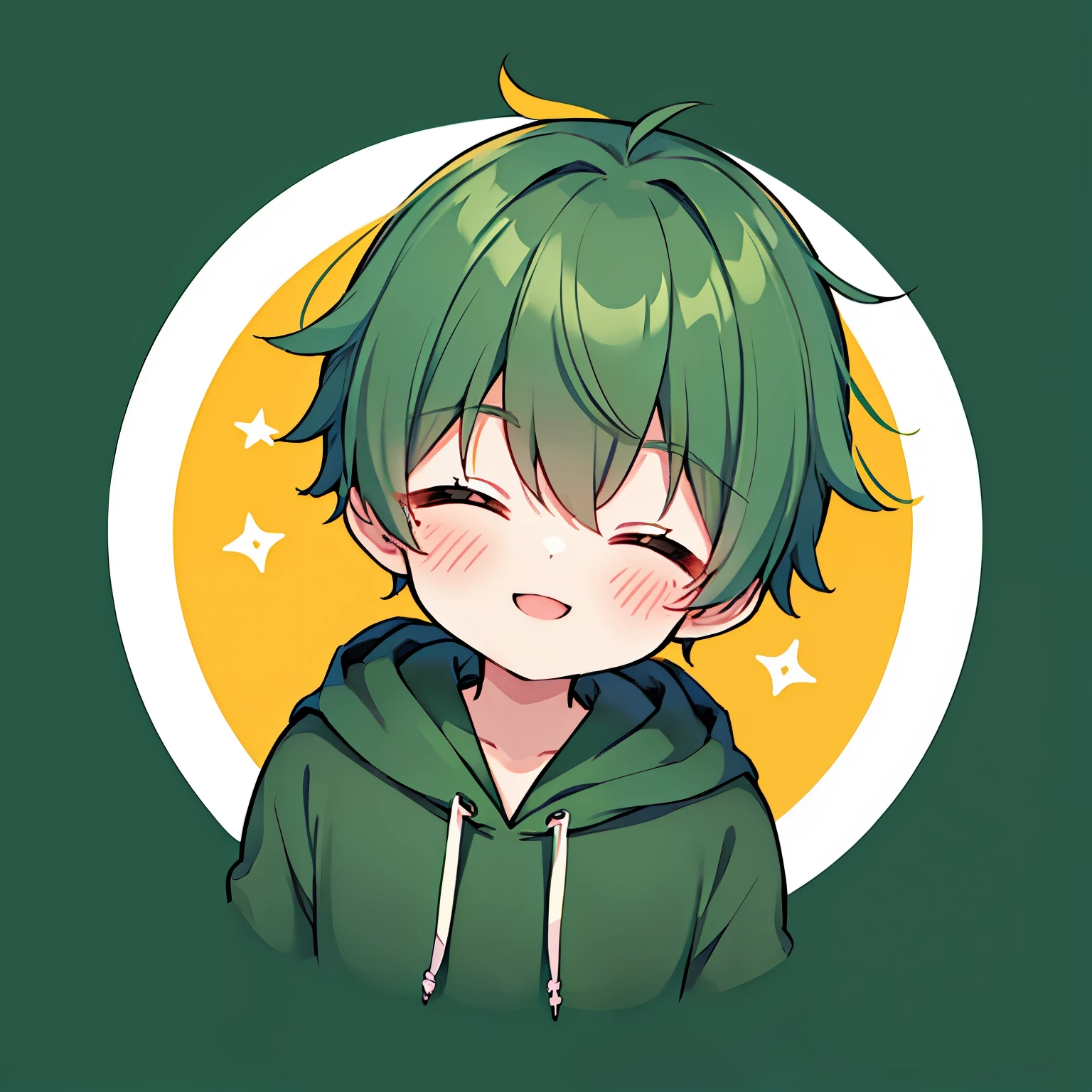 "A smiling boy with voluminous dark green hair, wearing a dark green hoodie, with his eyes closed and a big smile of happiness. The drawing should be in chibi anime style. The background should have a pattern."