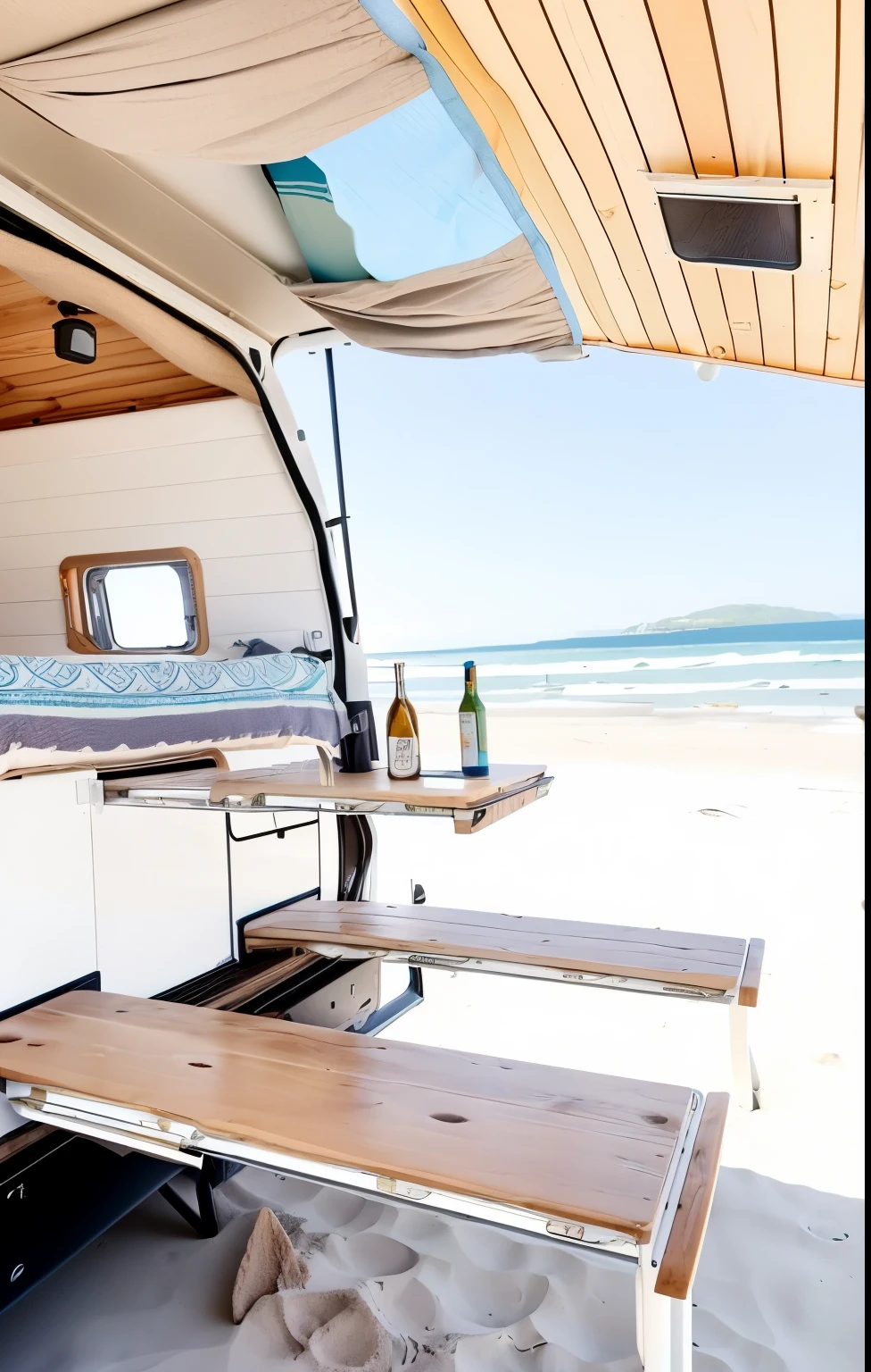 there is a camper van with a bed and a table on the beach, in a seaside environment, beach environment, Bulli, With roof rack, overlooking the beach, sea view, Glamping, seaside, completely empty, beach bar, gazing off into the horizon, author:Will Ellis, beautiful scenery, road trip, on the beach, Iron bark