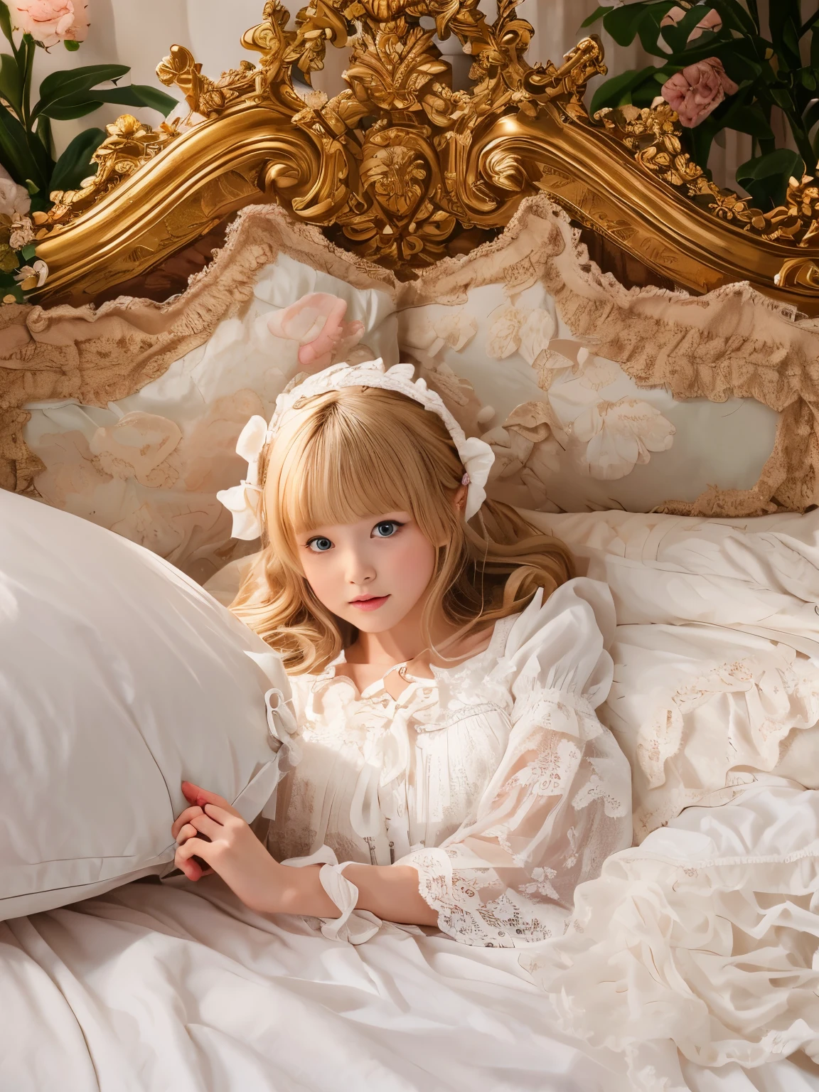 ,highest quality, masterpiece, highest resolution, artwork, super それにget used to it, many get used to it, get used to it, それにget used to it, 3K realistic photos,,((10 year old girl)),Super detailed young girl's face, Beautiful girl illustration,detailed beautiful face detailed hair,detailed human eye ,detailed mouth, arm details,detailed hands, european,(((Blonde with super long rolls))),blue eyes,pajamas,night wear,((((white nightgown)))),((フリルとリボンが沢山付いたwhite nightgown)),((1920 style nightgowns)),,((headdress with frills and ribbons)),victorian nightgowns,Yoke collar with ruffles and ribbons,Long sleeves with ruffles,Long skirt up to the ankle,((The whole body is reflected)),white ruffle and lace socks,Wearing slippers with frills and ribbons,Pillow with large frills and ribbons,detailed costume,Detailed pillow,sitting on the bed,贅沢なcanopy bedの上,canopy bed,Luxury curtains on both sides of the bed,many frilly pillows on the bed,super detailed background,Detailed bed,romantic atmosphere,