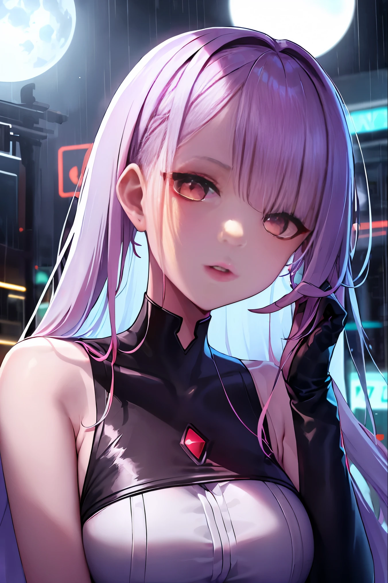 Lucia \(Ciberpunk\), 1 garota, cabelo scrunchie, corte Hime, cabelo prateado, Ponteiras coloridas, Lua cheia, olhos cinzentos, jaqueta, mangas compridas, olhando para o espectador, cabelo medio, cabelo multicolorido, franja separada, parted lips, cabelo rosa, retrato, delineador vermelho, Red lips, Sozinho, white jaqueta, Ciberpunk \(Series\), rainy night in a Ciberpunk city with glowing neon lights
