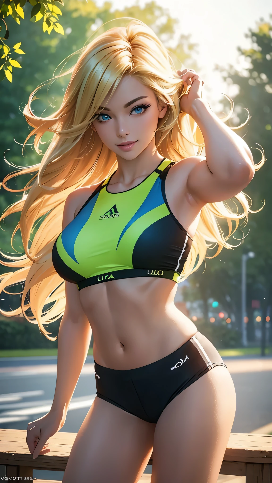(best quality,ultra-detailed,photo-realistic:1.37),bright and vibrant colors,studio lighting,playful expression,stylish makeup,long blonde hair flowing in the wind,alluring eyes,glossy lips,sexy pose,Sports Bra, running in park, smiling in a confident and seductive way,posing for a professional photoshoot,shallow depth of field,highlighting the main subject,soft natural lighting,creating a dreamy and magical atmosphere.