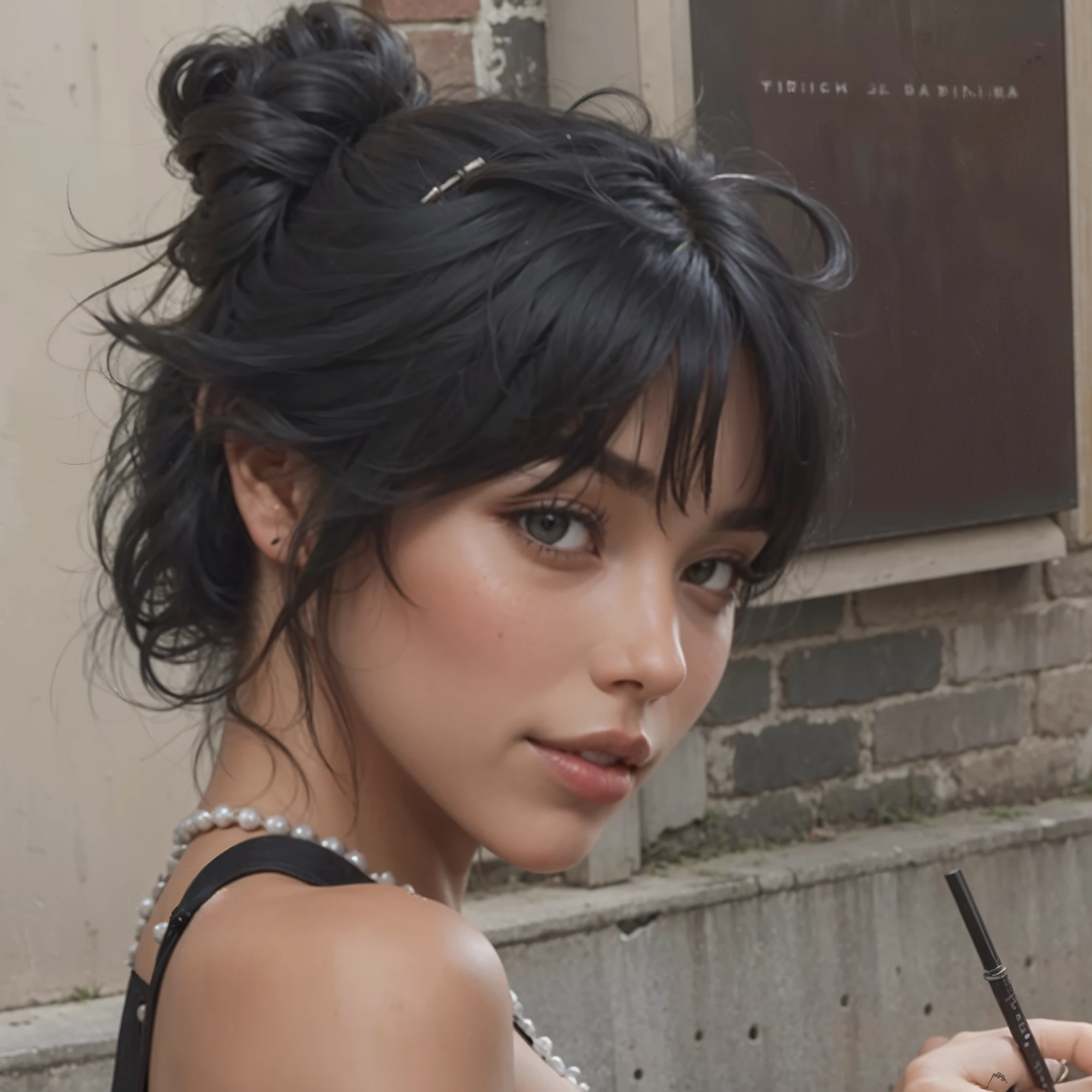 Mujer araffe con una bebida y una pajita en la mano., she has black hair con flequillo, neat hair con flequillo, con flequillo completo, con flequillo, flequillo esponjoso, black wavy hair con flequillo, flequillo rizado y cola de caballo, long hair con flequillo, flequillo desordenado, long hair con flequillo completo, flequillo ?????, flequillo con raya al centro, with short hair con flequillo