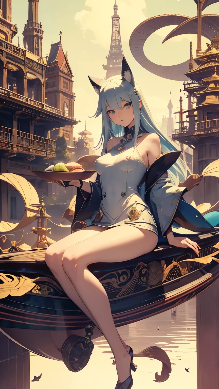Andy Catling, Erte, Surreal, mysterious, strange, fantastical, fantasy, sci-fi, Japanese anime, acorn boat, miniskirt beautiful girl, perfect voluminous body, flowing from a high tower, detailed masterpiece low angles