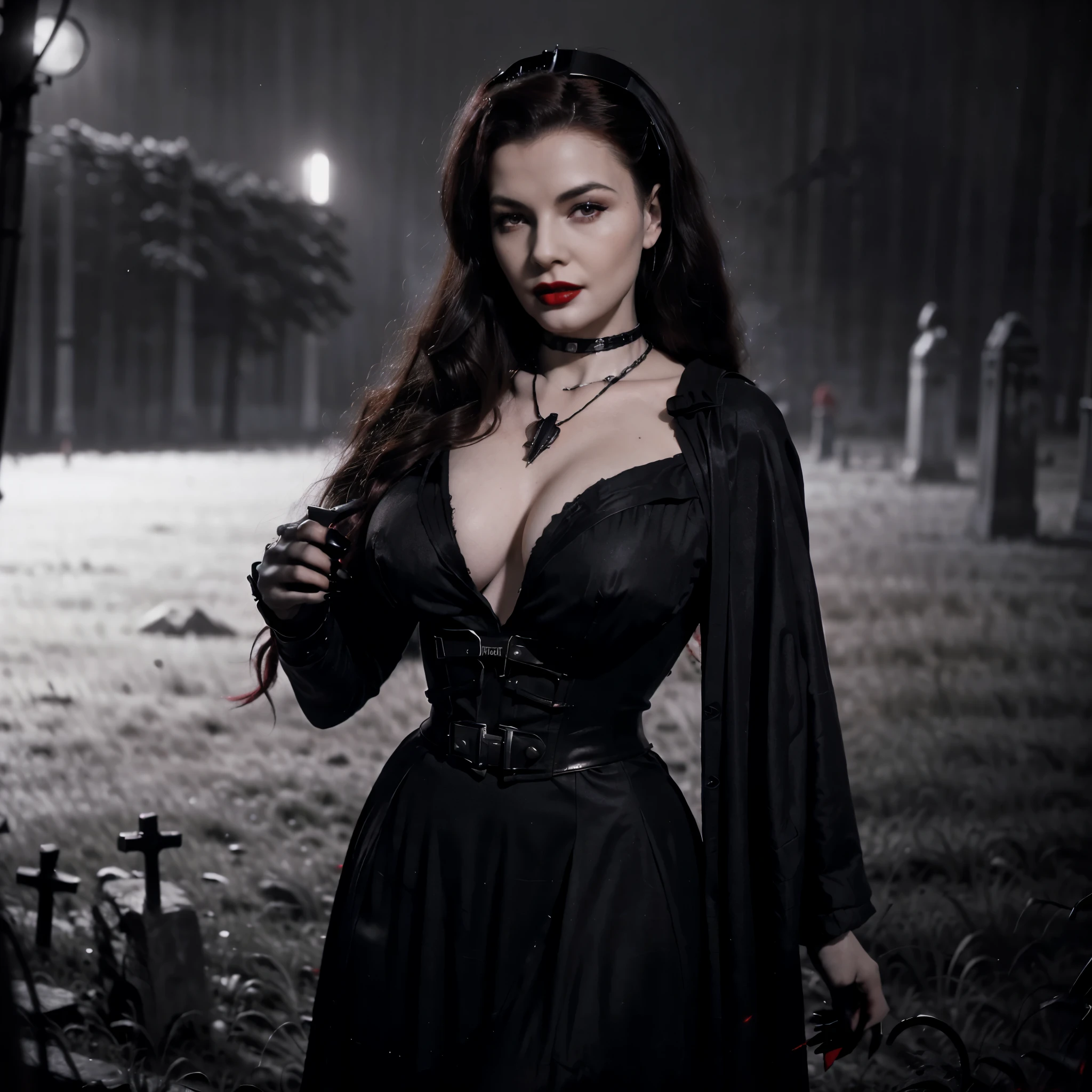 Beautiful 20 year old woman, large tits, with short messy wavy red hair, wearing a red corset with black accents and black cloak, standing in a foggy cemetery at night, (red lipstick:1.5), realistic skin texture, (cross necklace:1.2), (looking at camera:1.3), (in 1950s Black and White Sci Fi Movie Style and Gothic Art:1.4), photo realistic, 8k