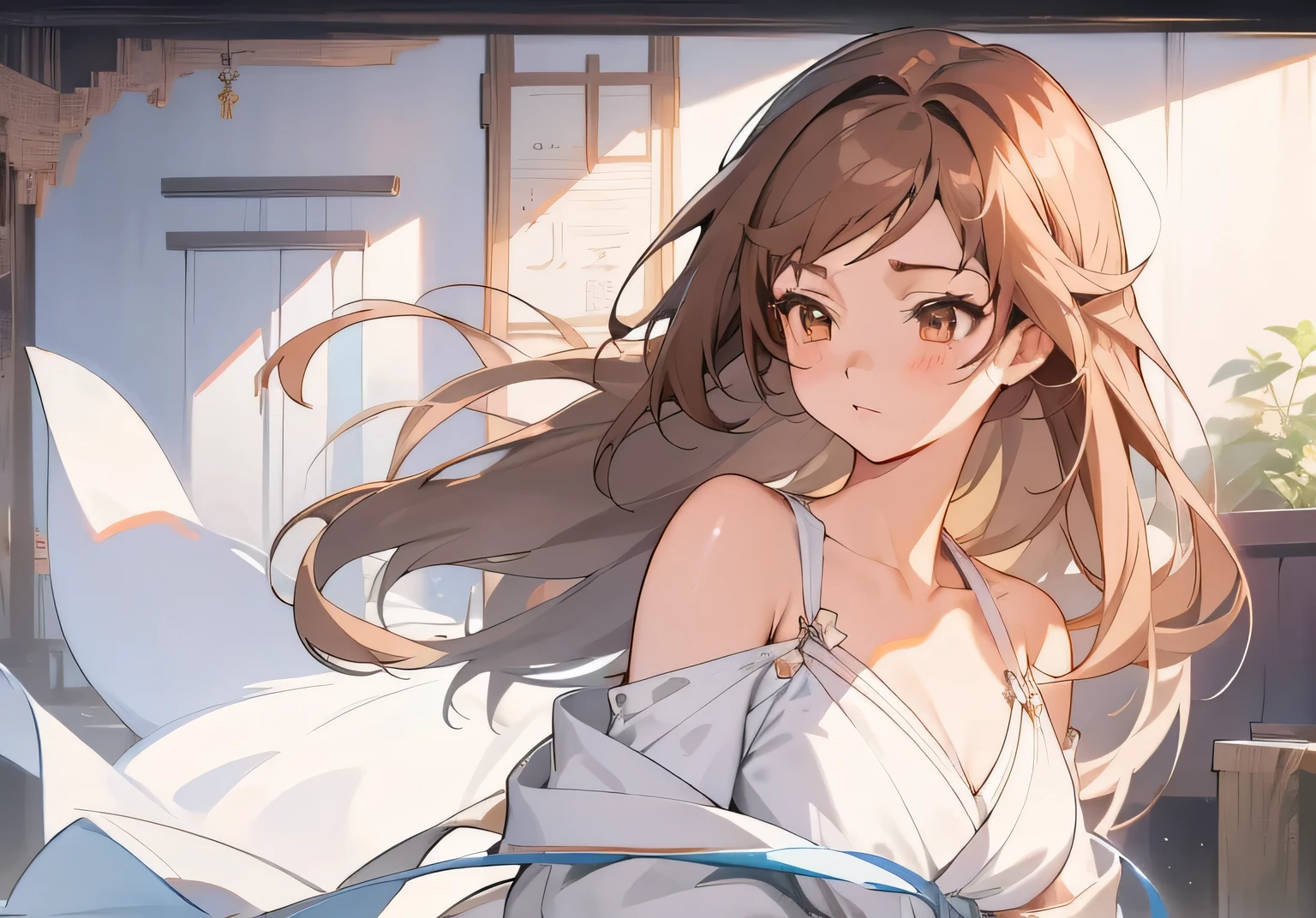 anime girl，brown hair，wearing white dress，sitting on bed, 美丽的anime girl, anime long hair girl, detailed digital animation art, digital animation art, guweiz, Beautiful anime woman, Gurwitz style artwork, anime style 4k, 有吸引力的anime girl, Smooth anime CG art, 漂亮的anime girl, Beautiful anime style, Digital animated illustration