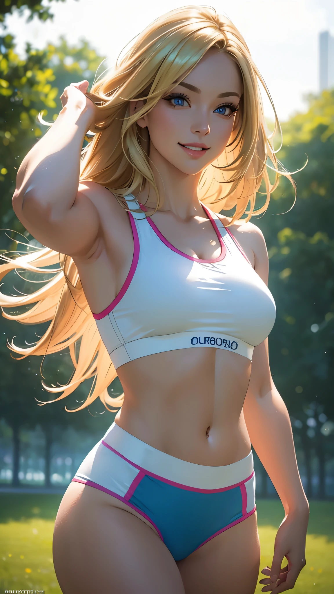 (best quality,ultra-detailed,photo-realistic:1.37),bright and vibrant colors,studio lighting,playful expression,stylish makeup,long blonde hair flowing in the wind,alluring eyes,glossy lips,sexy pose,Sports Bra, running in park, smiling in a confident and seductive way,posing for a professional photoshoot,shallow depth of field,highlighting the main subject,soft natural lighting,creating a dreamy and magical atmosphere.