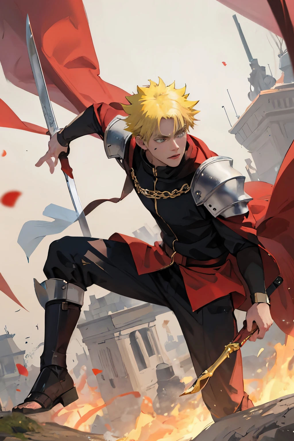 8k, best quality, masterpiece, highly detailed, semi realistic, 1 boy, mature male, 20 years old, yellow hair, short hair, curtain bangs, blue pupils, golden armor, black fluffy pants, golden iron boots, redblack fluffy brimmed cloak, wielding sword, knight, coronation ceremony,War, flames, bloodstains,Lily, petal rain,banner, uzumaki naruto, from front, masculine, tall, handsome