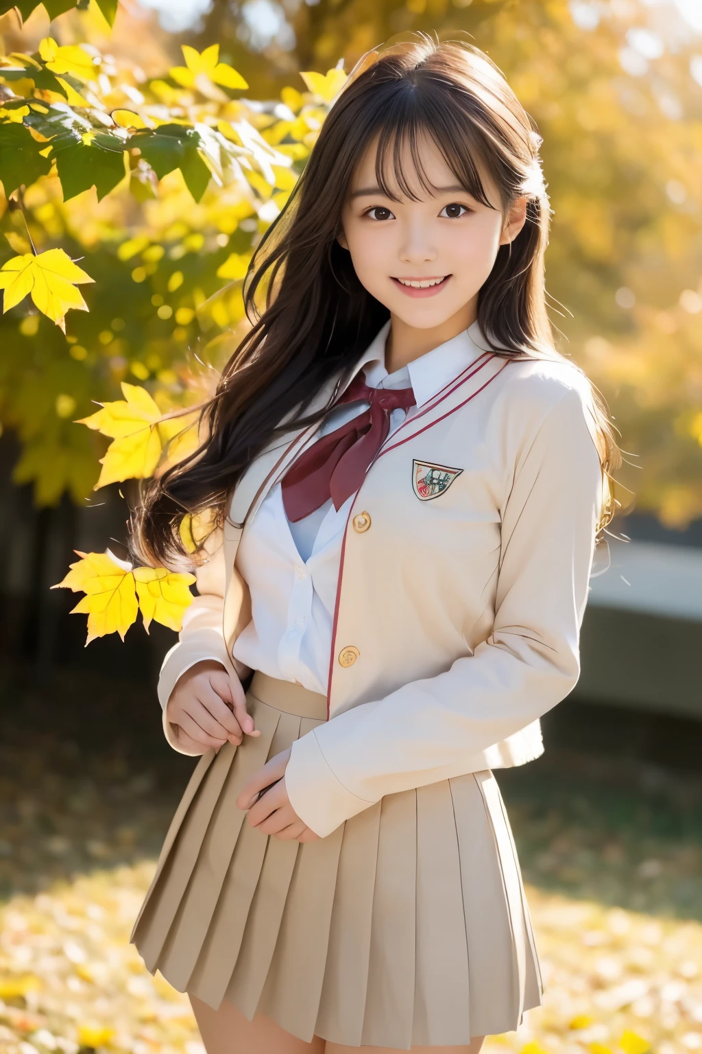 (((masterpiece，8K，highest quality, very detailed)))，Coming running，(one beautiful girl，innocence，cute)，((baby face、Childish，cute10歳の美少女))，Real Gravure Idol，super detailed face、detailed lips、detailed eye、enjoying，((boyish short hair:1.37))，((brown long sleeve blazer, Red Neck Ribbon，light brown pleated mini skirt，Japanese high school uniform with the school emblem on the chest))，Joyful，Excited，rosy cheeks，cozy atmosphere，magic moment，happy memories，love and laughter，small breasts，small ass，slender body shape，low length，A smile that makes you want to hug me，warm air，anatomically accurate，movie lighting，Love overflows，I like you，Natural light，autumn scenery，Beautiful autumn leaves，blue and high sky，Feeling of sprinting，Pose with movement