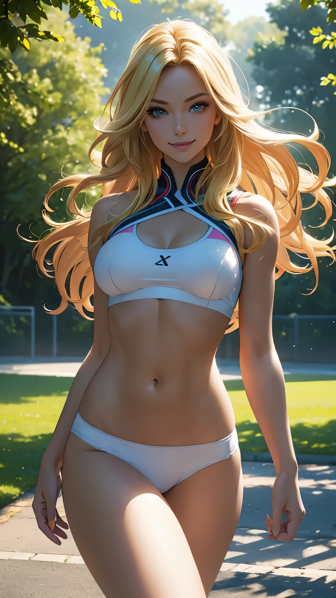(best quality,ultra-detailed,photo-realistic:1.37),bright and vibrant colors,studio lighting,playful expression,stylish makeup,long blonde hair flowing in the wind,alluring eyes,glossy lips,sexy pose,Sports Bra, running in park, smiling in a confident and seductive way,posing for a professional photoshoot,shallow depth of field,highlighting the main subject,soft natural lighting,creating a dreamy and magical atmosphere.