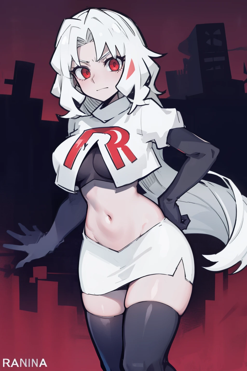 masterpiece, best quality,melina,red eyes, white hair,team rocket,team rocket uniform,white skirt,red letter R,crop top,black thigh-highs,black elbow gloves, comic strip