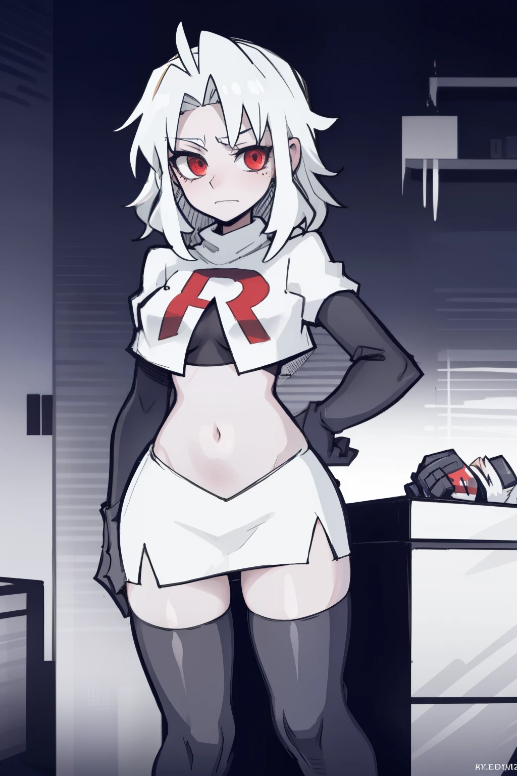 masterpiece, best quality,melina,red eyes, white hair,team rocket,team rocket uniform,white skirt,red letter R,crop top,black thigh-highs,black elbow gloves, comic strip