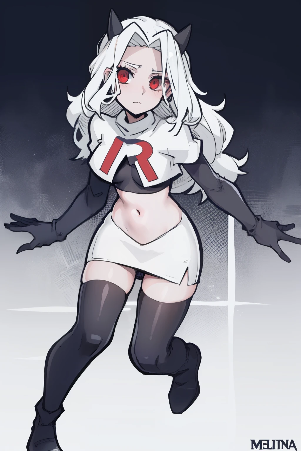 masterpiece, best quality,melina,red eyes, white hair,team rocket,team rocket uniform,white skirt,red letter R,crop top,black thigh-highs,black elbow gloves, comic strip