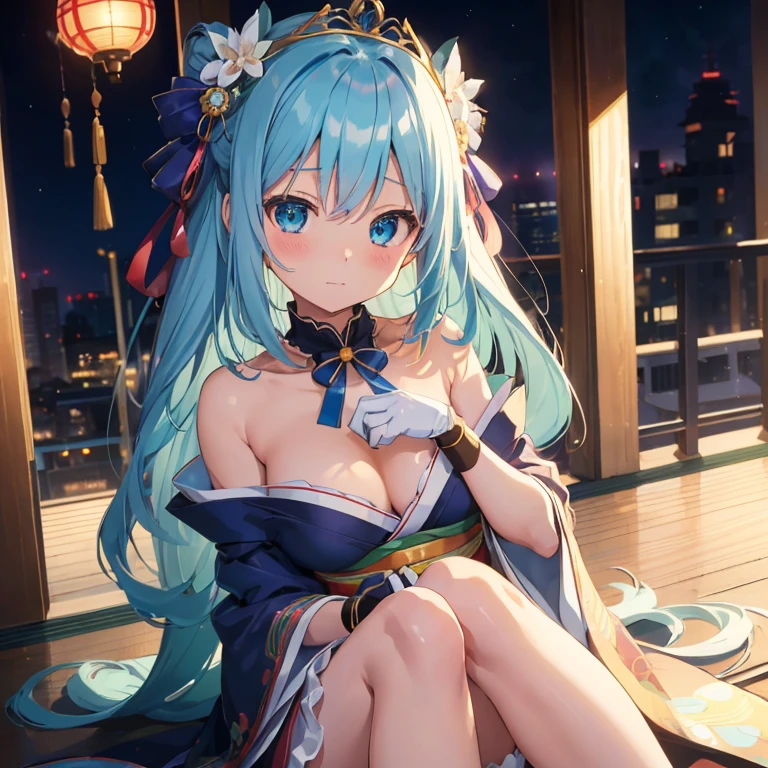 (artwork), (Amazing work), (Indirect linear lighting), (Chibi Cute Studio), (GIF Cute Anime), (cute cute kawaii), (Highly detailed CG8k unit wallpaper), (1 girl) ,Tiara with long blue hair and cute ruffles, Wear silk gloves, white skin, green blue eyes, (cute kawaii),are quite large,Pretty erotic,Against the backdrop of Kyoto, Japan,wearing a kimono,An image full of her feeling,Date-like atmosphere,Closer up,Excessive exposure,