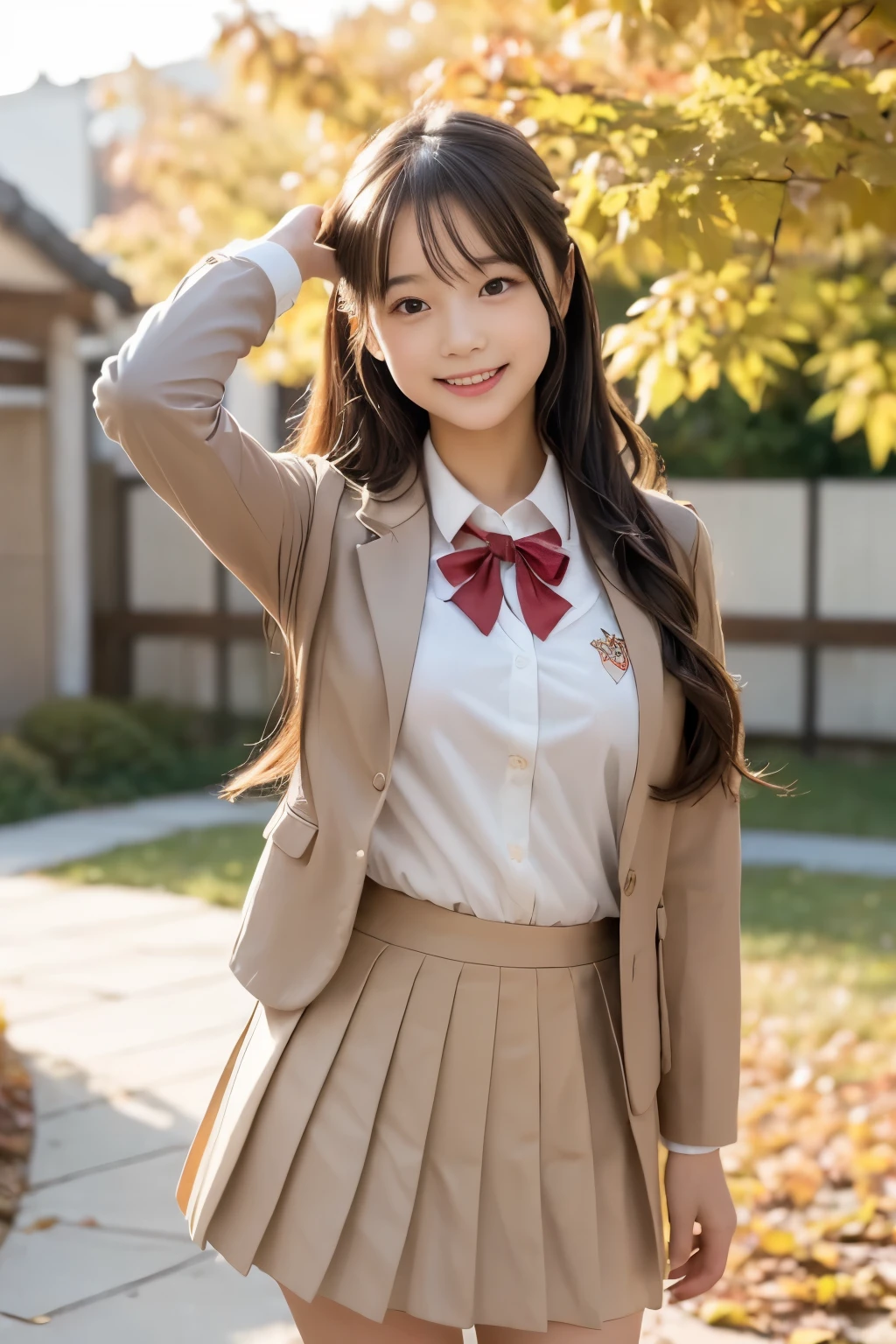 (((masterpiece，8K，highest quality, very detailed)))，Coming running，(one beautiful girl，innocence，cute)，((baby face、Childish，cute10歳の美少女))，Real Gravure Idol，super detailed face、detailed lips、detailed eye、enjoying，((boyish short hair:1.37))，((brown long sleeve blazer, Red Neck Ribbon，light brown pleated mini skirt，Japanese high school uniform with the school emblem on the chest))，Joyful，Excited，rosy cheeks，cozy atmosphere，magic moment，happy memories，love and laughter，small breasts，small ass，slender body shape，low length，A smile that makes you want to hug me，warm air，anatomically accurate，movie lighting，Love overflows，I like you，Natural light，autumn scenery，Beautiful autumn leaves，blue and high sky，Feeling of sprinting，Pose with movement