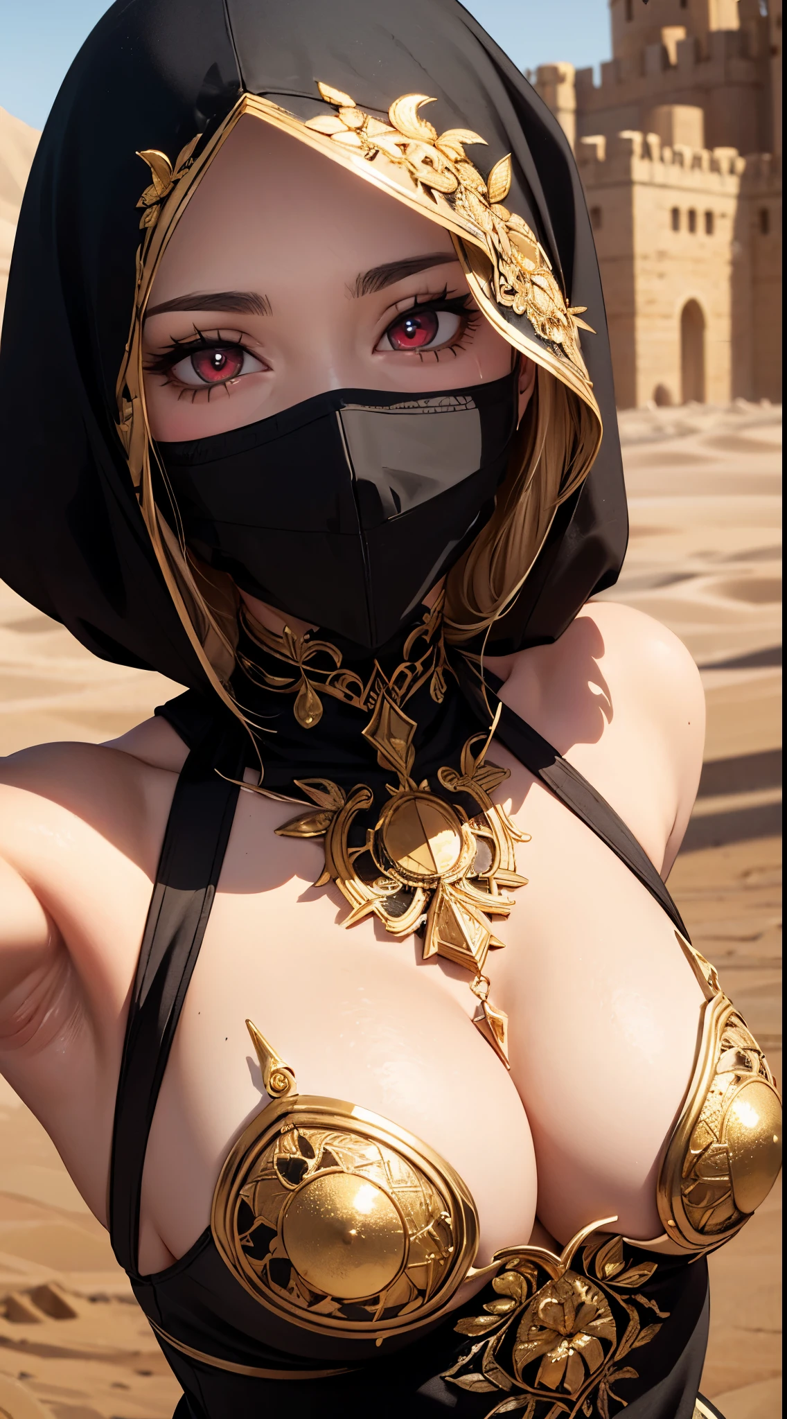 master piece, best quality, photorealistic, high resolution, 1 girl, close up portrait,
desert queen, black hijab, black niqab, black dress, intricate golden armor, intricate golden embroidery,
beautiful red eyes, ultra detailed armpit, steamy armpit, tanned, glossy skin
desert castle, strong back lighting, volumetric lighting,