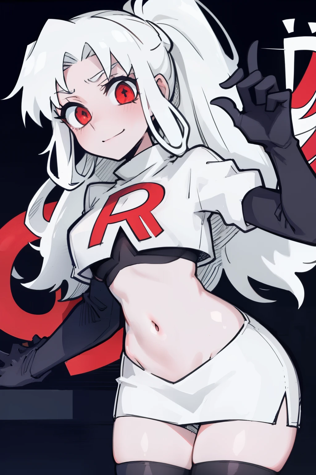 masterpiece, best quality,melina,red eyes, white hair,team rocket,team rocket uniform,white skirt,red letter R,crop top,black thigh-highs,black elbow gloves, comic strip