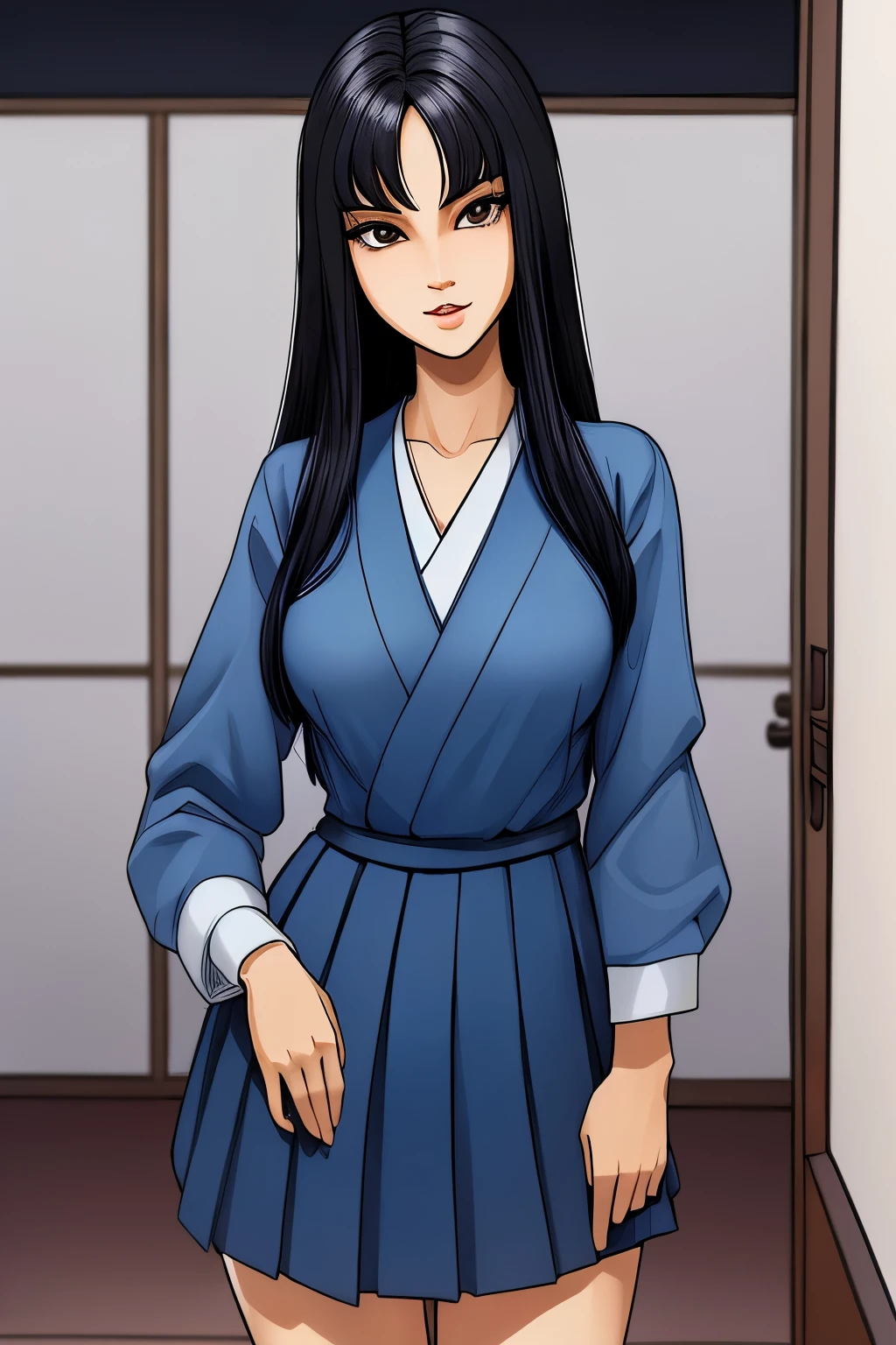 ((ultra quality)), ((masterpiece)), Tomie, Black & White Style, manga, ((black long hair)), (Beautiful face), (beautiful female lips), (), charming, ((sexy facial expression)), looks at the camera with a slight smile, (skin color white), (White skin), glare on the body, ((Detailed eyes)), ((Brown eyes)), (juicy female lips), (dark eyeliner), (beautiful female hands), ((ideal female figure)), ideal female body, beautiful waist, beautiful hips, medium breasts, ((subtle and beautiful)), A seductive stance (close up of face), (Dressed in Japanese school uniform, white and blue women&#39;s sailor suit, dark blue school skirt, long dark blue socks) background: The Japanese School, corridor, ((depth of field)), ((high quality clear image)), (clear details), ((high detail)), realistically, professional photo session, ((Clear Focus))