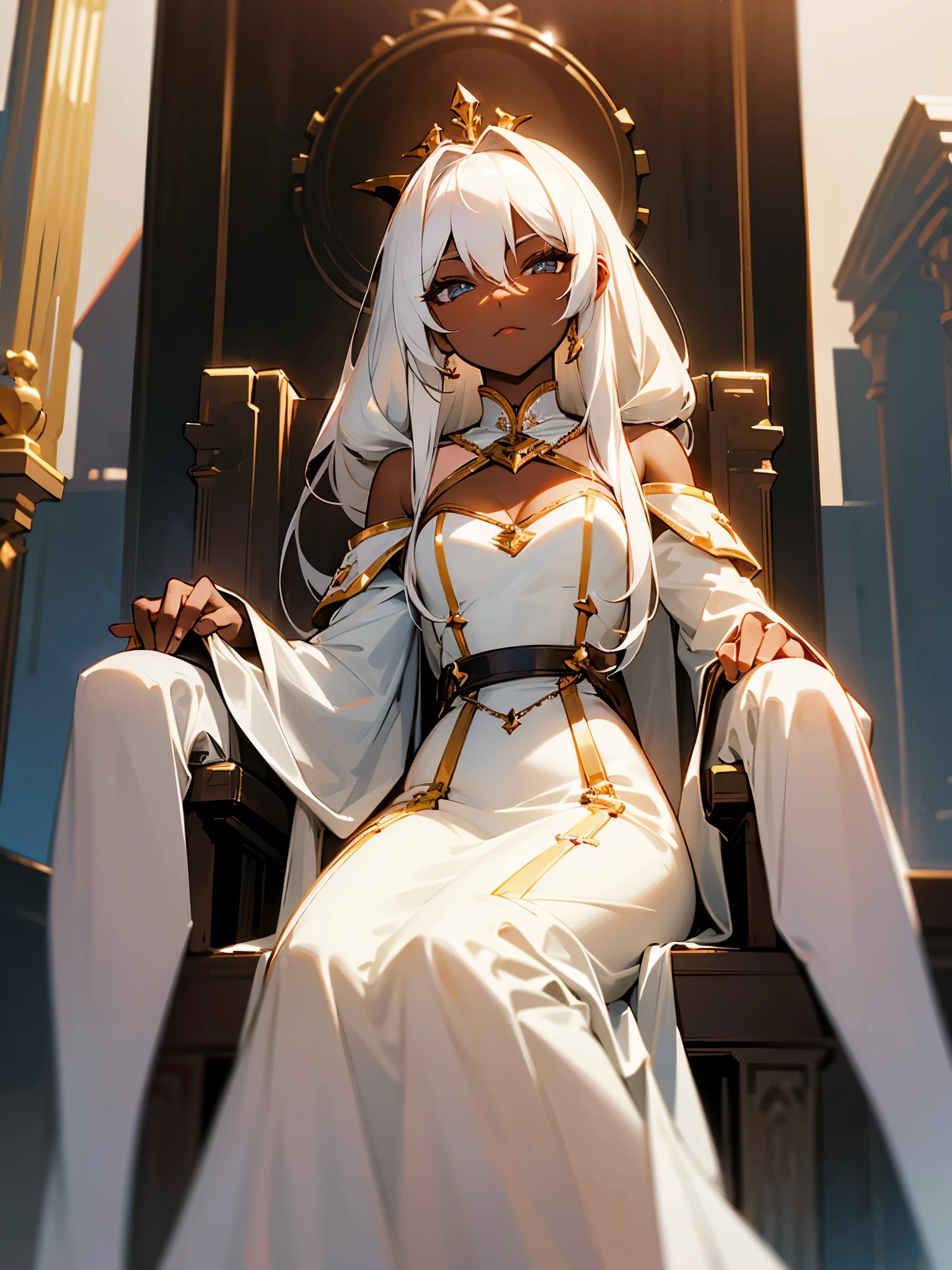 1 woman, dark skin, white strapless empire waist dress, white straight hair down covering floor, sitting on throne, top of building, dawn, seeing her from below