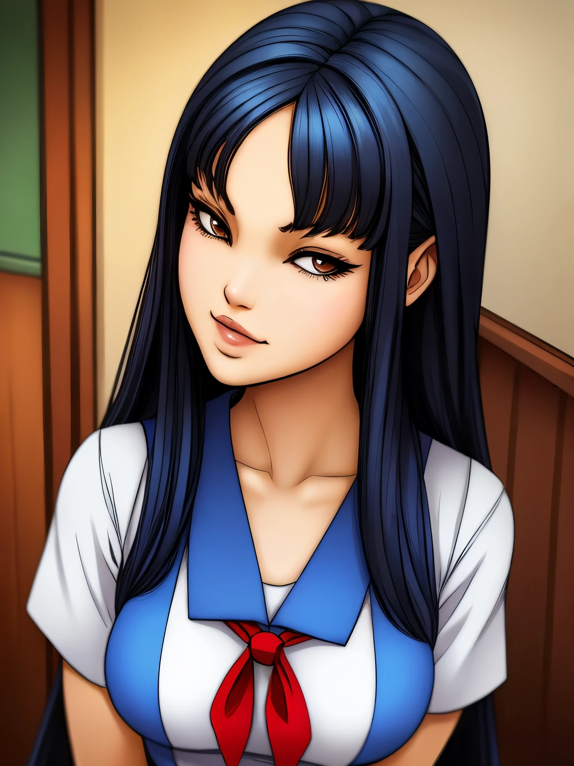 ((ultra quality)), ((masterpiece)), Tomie, Black & White Style, manga, ((black long hair)), (Beautiful face), (beautiful female lips), (), charming, ((sexy facial expression)), looks at the camera with a slight smile, (skin color white), (White skin), glare on the body, ((Detailed eyes)), ((Brown eyes)), (juicy female lips), (dark eyeliner), (beautiful female hands), ((ideal female figure)), ideal female body, beautiful waist, beautiful hips, medium breasts, ((subtle and beautiful)), A seductive stance (close up of face), (Dressed in Japanese school uniform, white and blue women&#39;s sailor suit, dark blue school skirt, long dark blue socks) background: The Japanese School, corridor, ((depth of field)), ((high quality clear image)), (clear details), ((high detail)), realistically, professional photo session, ((Clear Focus))