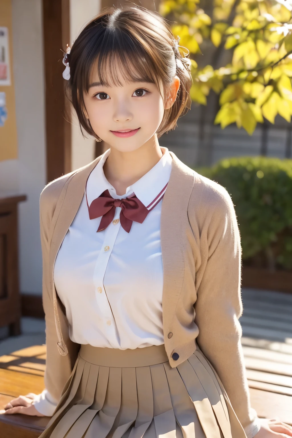 (((masterpiece，8K，highest quality, very detailed)))，Coming running，(one beautiful girl，innocence，cute)，((baby face、Childish，cute10歳の美少女))，Real Gravure Idol，super detailed face、detailed lips、detailed eye、enjoying，((boyish short hair:1.37))，((brown long sleeve blazer, Red Neck Ribbon，light brown pleated mini skirt，Japanese high school uniform with the school emblem on the chest))，Joyful，Excited，rosy cheeks，cozy atmosphere，magic moment，happy memories，love and laughter，small breasts，small ass，slender body shape，low length，A smile that makes you want to hug me，warm air，anatomically accurate，movie lighting，Love overflows，I like you，Natural light，autumn scenery，Beautiful autumn leaves，blue and high sky，Feeling of sprinting，Pose with movement