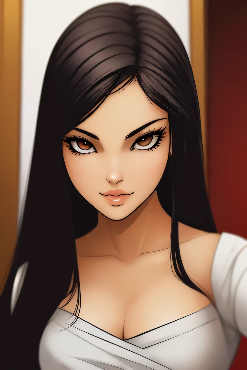 ((ultra quality)), ((masterpiece)), Tomie, Black & White Style, manga, ((black long hair)), (Beautiful face), (beautiful female lips), (), charming, ((sexy facial expression)), looks at the camera with a slight smile, (skin color white), (White skin), glare on the body, ((Detailed eyes)), ((Brown eyes)), (juicy female lips), (dark eyeliner), (beautiful female hands), ((ideal female figure)), ideal female body, beautiful waist, beautiful hips, medium breasts, ((subtle and beautiful)), A seductive stance (close up of face), (одета в японскую школьную форму Black & White Style) background: The Japanese School, corridor, ((depth of field)), ((high quality clear image)), (clear details), ((high detail)), realistically, professional photo session, ((Clear Focus))