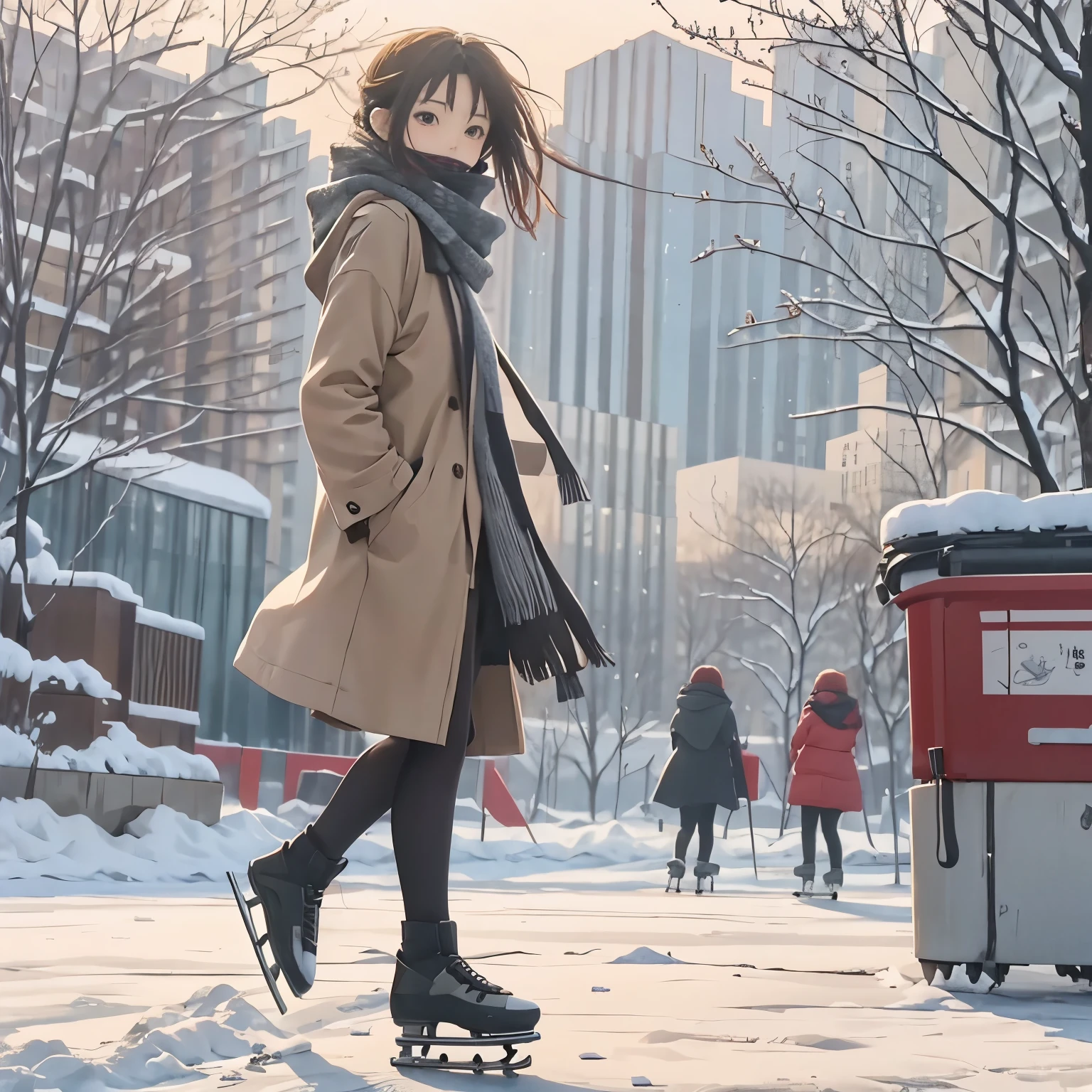 最高masterpiece、realistic anime images、masterpiece、1 woman、（long coat、Scarf）、（outdoor skating rink、Skating）、winter scenery