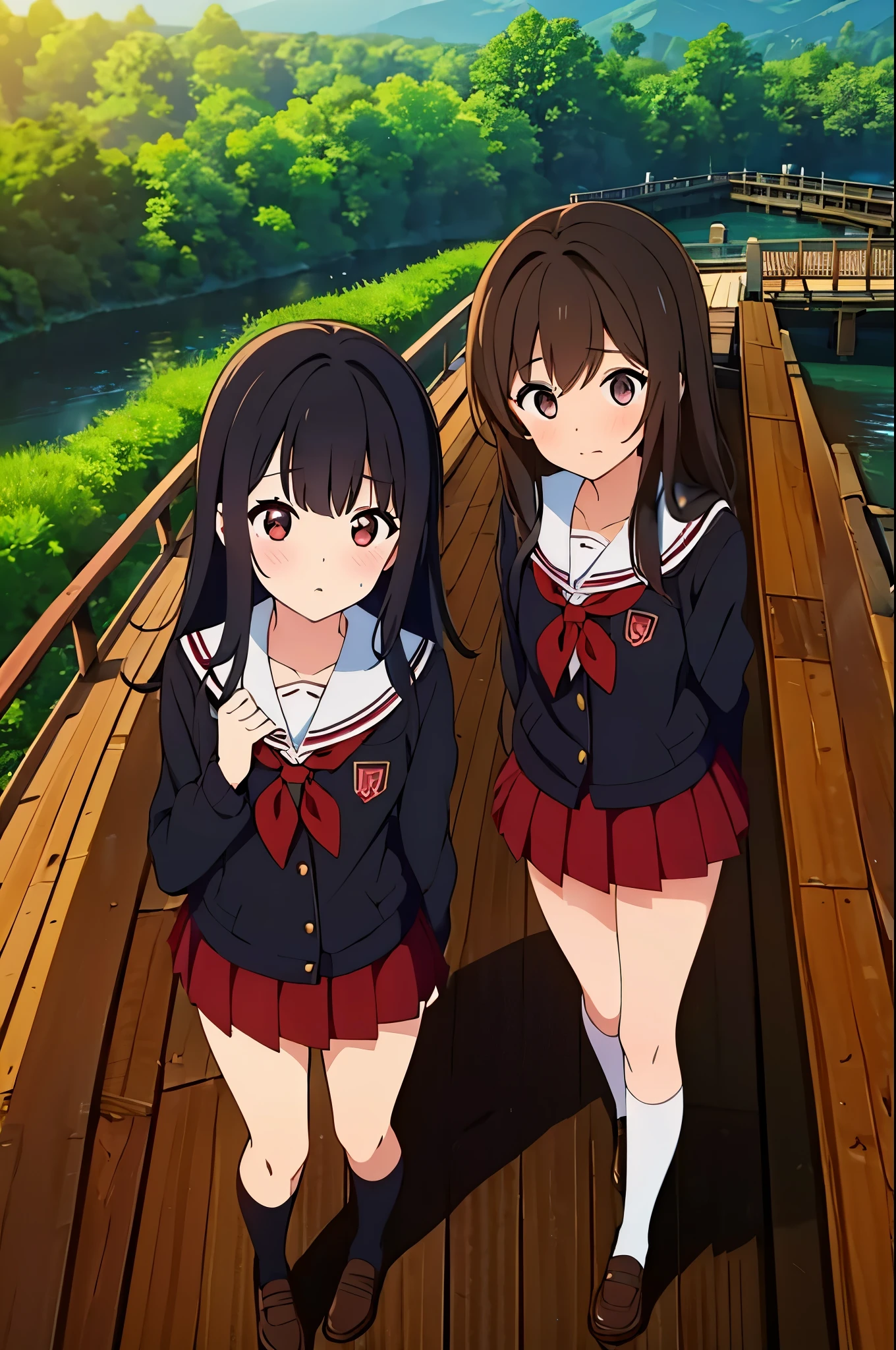 (two women on a wooden bridge:1.5) ,dark brown hair,black hair,(nose blush:1.7) ,surprised,open your mouth,(school uniform),(Panties are fully visible:1.7),(extremely high quality),(red mini skirt),nature,Mountain path,(big droopy eyes:1.5),(round eyes:1.5),Shiny legs, thighs,cute face,(From above),river,tall,squat