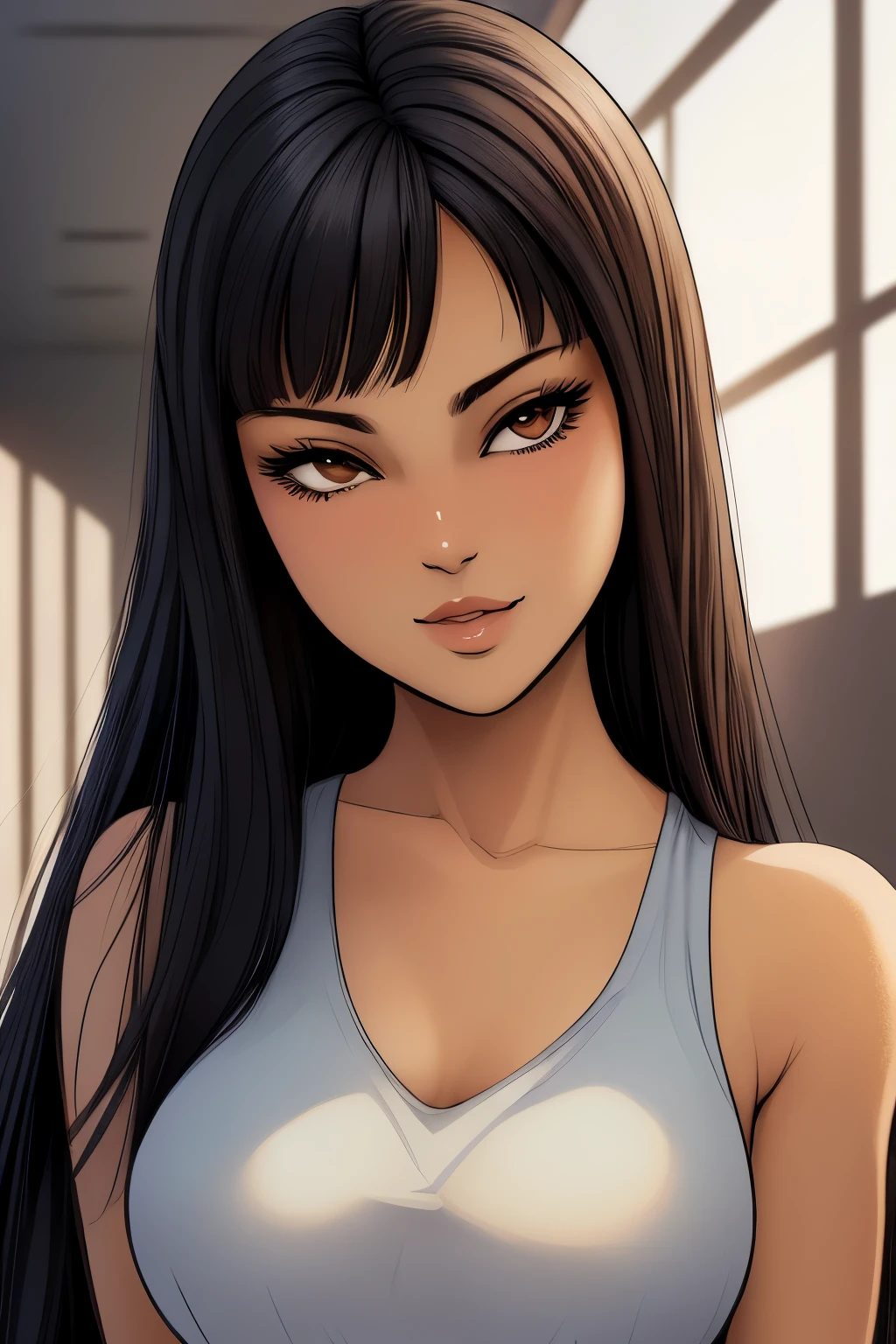 ((ultra quality)), ((masterpiece)), Tomie, Black & White Style, manga, ((black long hair)), (Beautiful face), (beautiful female lips), (), charming, ((sexy facial expression)), looks at the camera with a slight smile, (skin color white), (White skin), glare on the body, ((Detailed eyes)), ((Brown eyes)), (juicy female lips), (dark eyeliner), (beautiful female hands), ((ideal female figure)), ideal female body, beautiful waist, beautiful hips, medium breasts, ((subtle and beautiful)), A seductive stance (close up of face), (одета в японскую школьную форму Black & White Style) background: The Japanese School, corridor, ((depth of field)), ((high quality clear image)), (clear details), ((high detail)), realistically, professional photo session, ((Clear Focus))