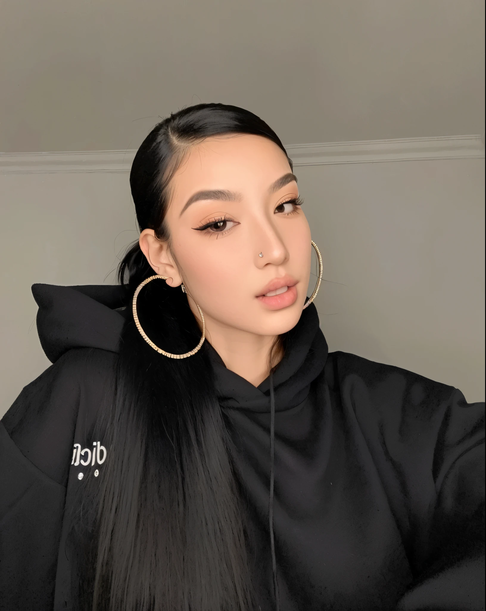 a close up of a woman com longos cabelos pretos wearing a black hoodie, Bella Poarca, cabelo preto longo em um rabo de cavalo, imagem de perfil, Retrato de Sophie Mudd, with black braids, com cabelo preto liso, rabo de cavalo preto longo, cabelo em rabo de cavalo baixo liso, brincos enormes e maquiagem estranha, card b, cabelo rabo de cavalo preto, com longos cabelos pretos, Asian 