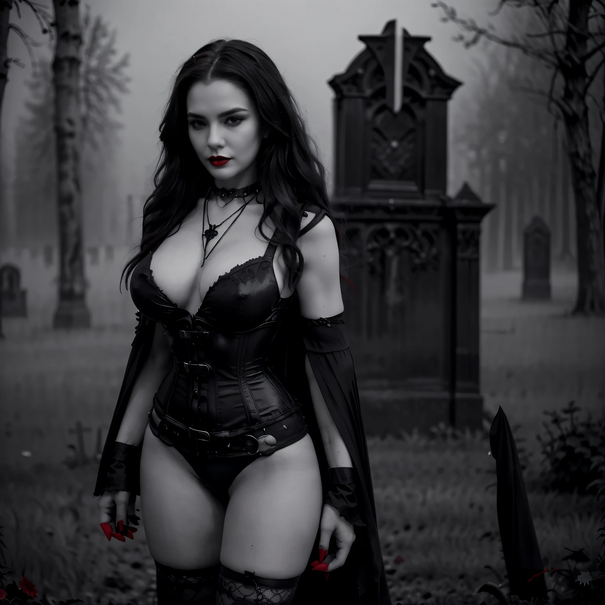 Beautiful 20 year old woman, large tits, with short messy wavy red hair, wearing a red corset with black accents and black cloak, standing in a foggy cemetery at night, (red lipstick:1.5), realistic skin texture, (cross necklace:1.2), (looking at camera:1.3), (Monochrome-Color Split and Gothic Art:1.4), photo realistic, 8k