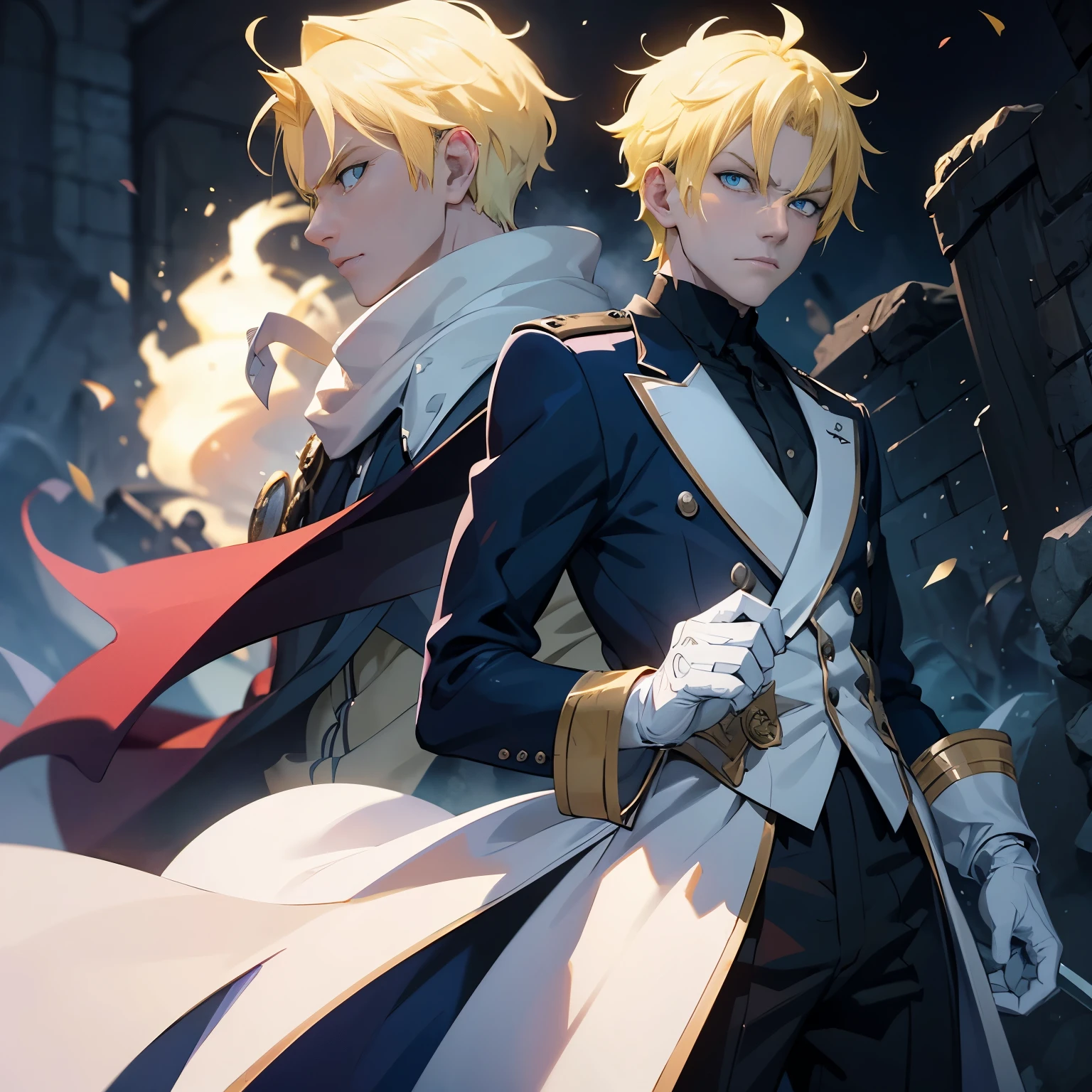 The British villain is tall and strong, with pale skin, Spiky Short light Yellow hair, blue eyes, and white gloves, depicting a serious demeanor in the style of an anime style, showing intricate details.