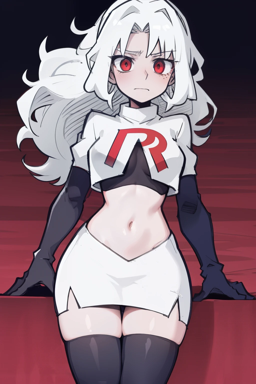 masterpiece, best quality,melina,red eyes, white hair,team rocket,team rocket uniform,white skirt,red letter R,crop top,black thigh-highs,black elbow gloves, comic strip
