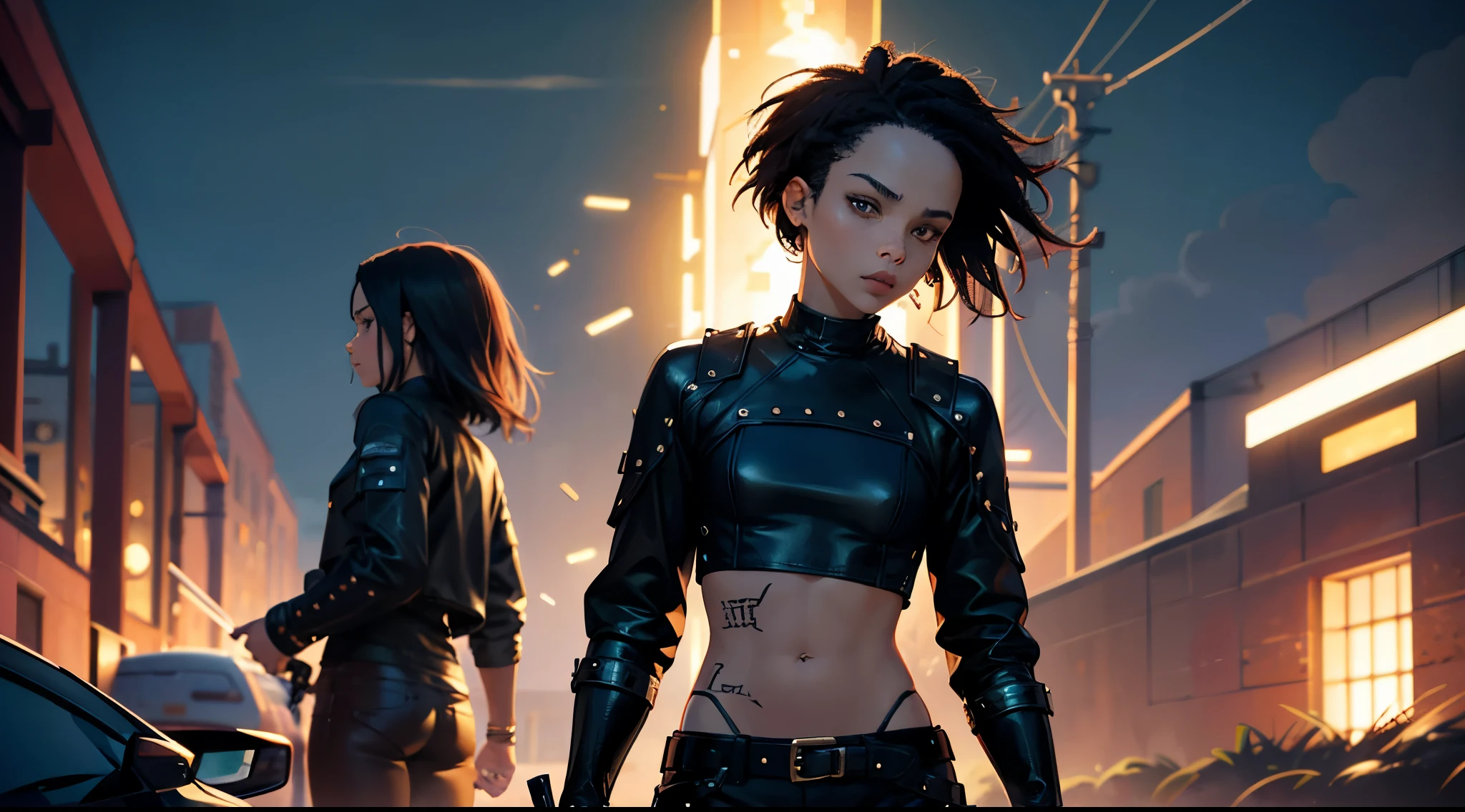 Protagonist character(alone), 1girl. Zoe Kravitz character(1), Zoe Kravitz face, wonderful girl, short hair, biker clothes(rocker style), dark makeup, black shirt, armor, leather belts, piercing, tattoos(all body), brown eyes(intense color), long pants, intimidating(1.2), fantasy setting, beautiful night, terrifying darkness, medieval fantasy. Image detailed, vibrant colors, superpowers in black colors.