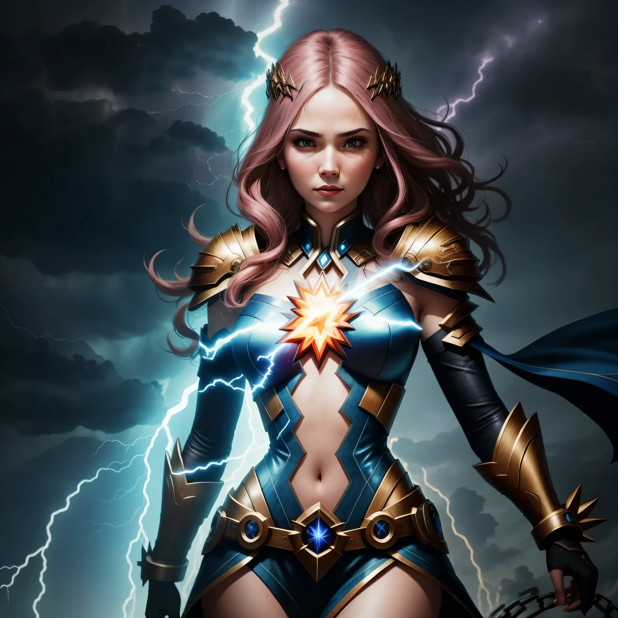 closeup of an electromancer, path of exile elementalist, woman in front of a bunch of lightning with a lightning bolt in her chest, menacing look, goddess of lightning, goddess of thunder, thunderbolts