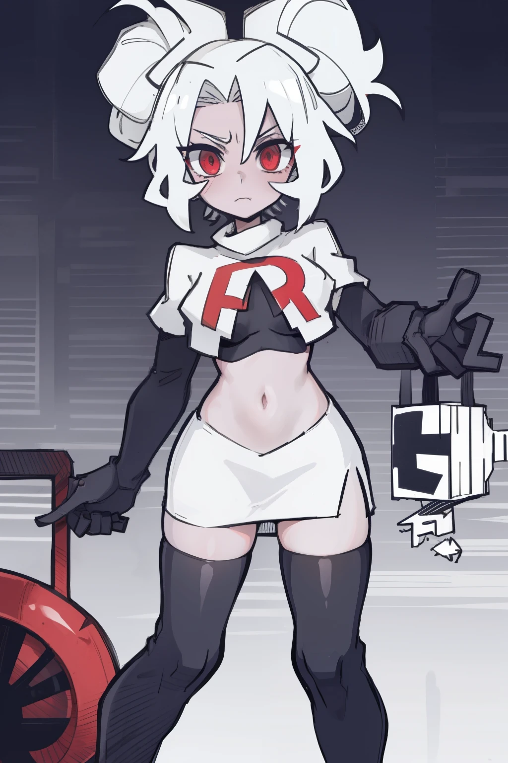 masterpiece, best quality,melina,red eyes, white hair,team rocket,team rocket uniform,white skirt,red letter R,crop top,black thigh-highs,black elbow gloves, comic strip