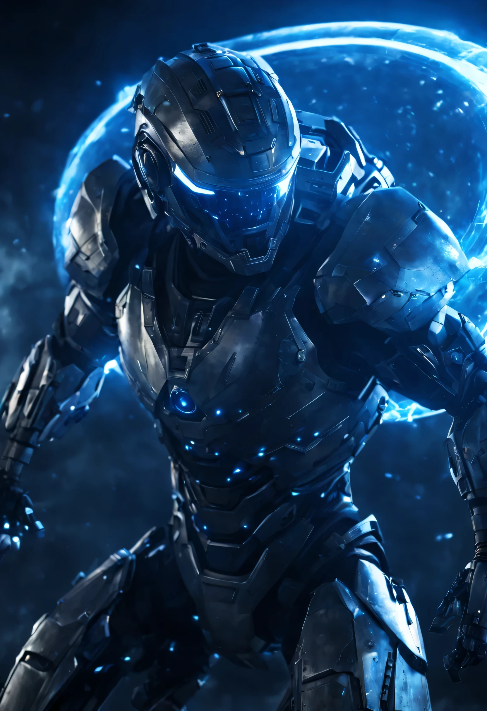 cyber warrior reflects an attack with a transparent energy shield, воин-киборг protected by an energy shield, protected by a transparent shield, tense dramatic atmosphere, Action Scene, pay attention to the energy shield, shield detailed, shield in the center of the image, clear focus on energy shield, cinematic frame, night, battlefield - spaceship compartment, dim lighting, cyborg warrior in motion, protected by an energy shield, Maximum realism, high detail, full frame, high definition, the environment is described in detail