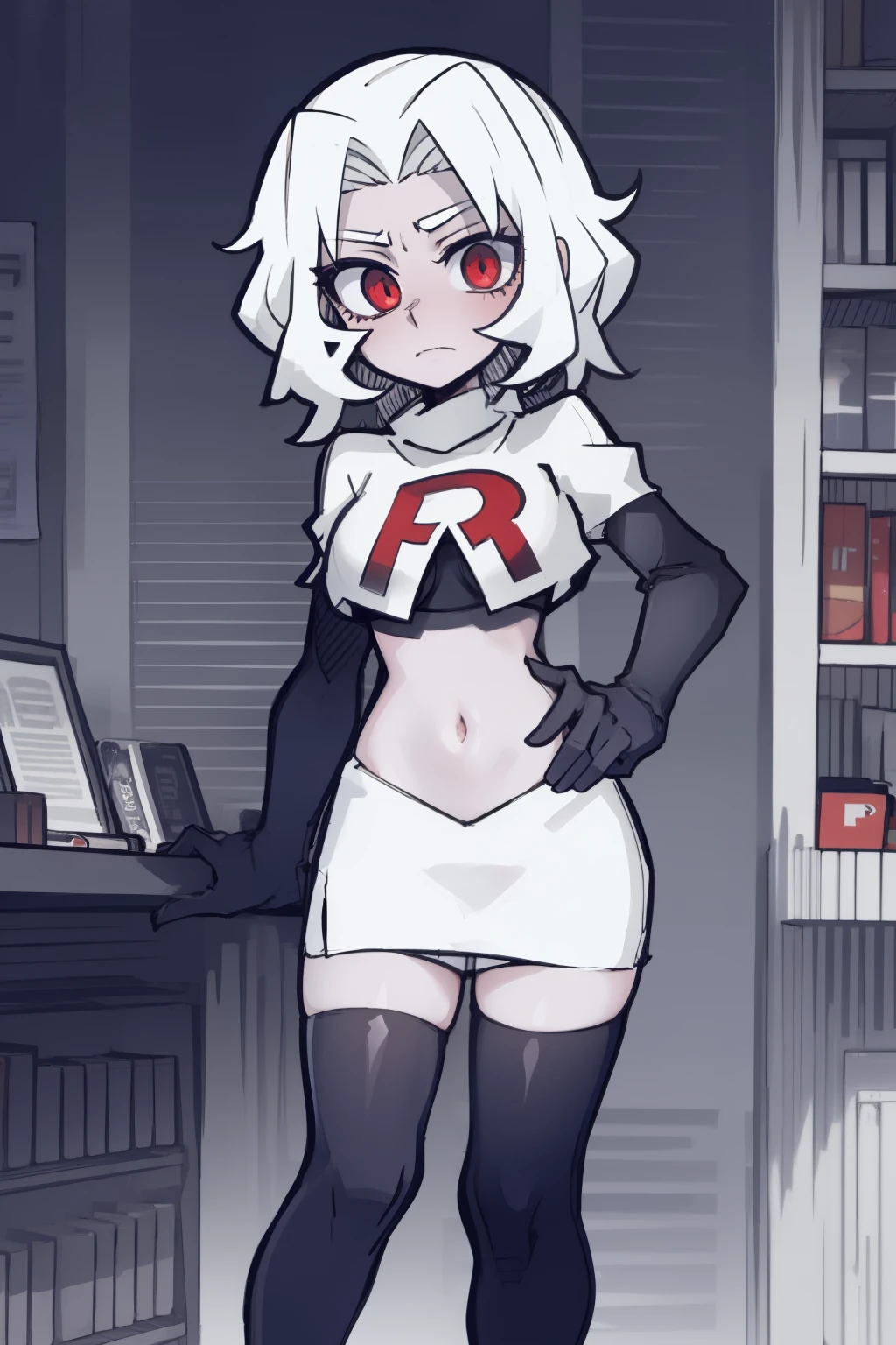 masterpiece, best quality,melina,red eyes, white hair,team rocket,team rocket uniform,white skirt,red letter R,crop top,black thigh-highs,black elbow gloves, comic strip