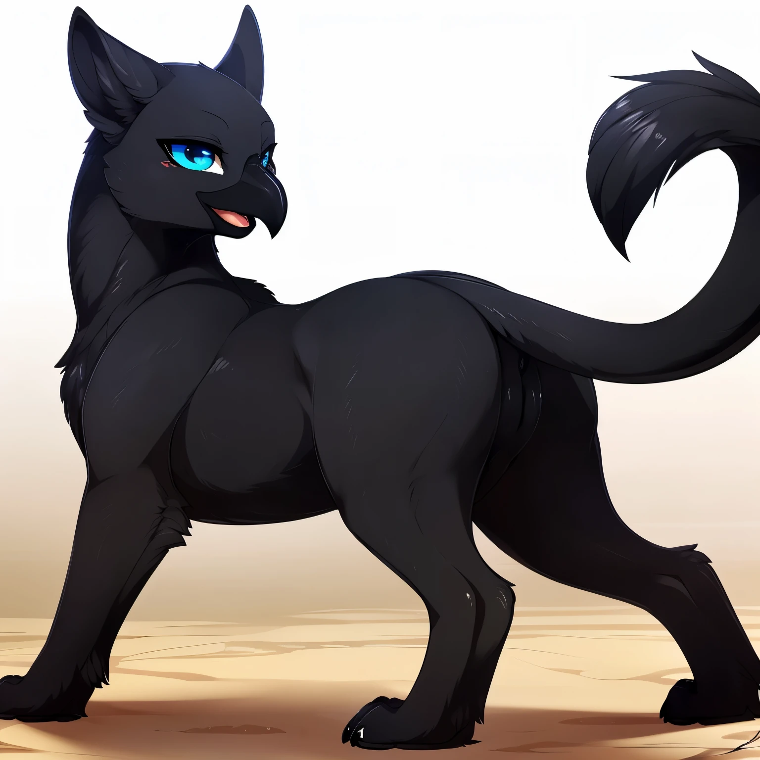 ((black_gryphon)), all_black_panther_body, (feral_quadruped), (by shikaro), (by Inno-Sjoa), (by asaneman), (by DAGASI), female, big_butt, ((excessively_wide_hyper_hips)), normal_tail, (massive_hyper_labia), very_tiny_(digitigrade_feet), (black_crow_beak), (Perfect_eyes), black_eyeshadow, sexy, seductive, 1080p, (best quality), (masterpiece),