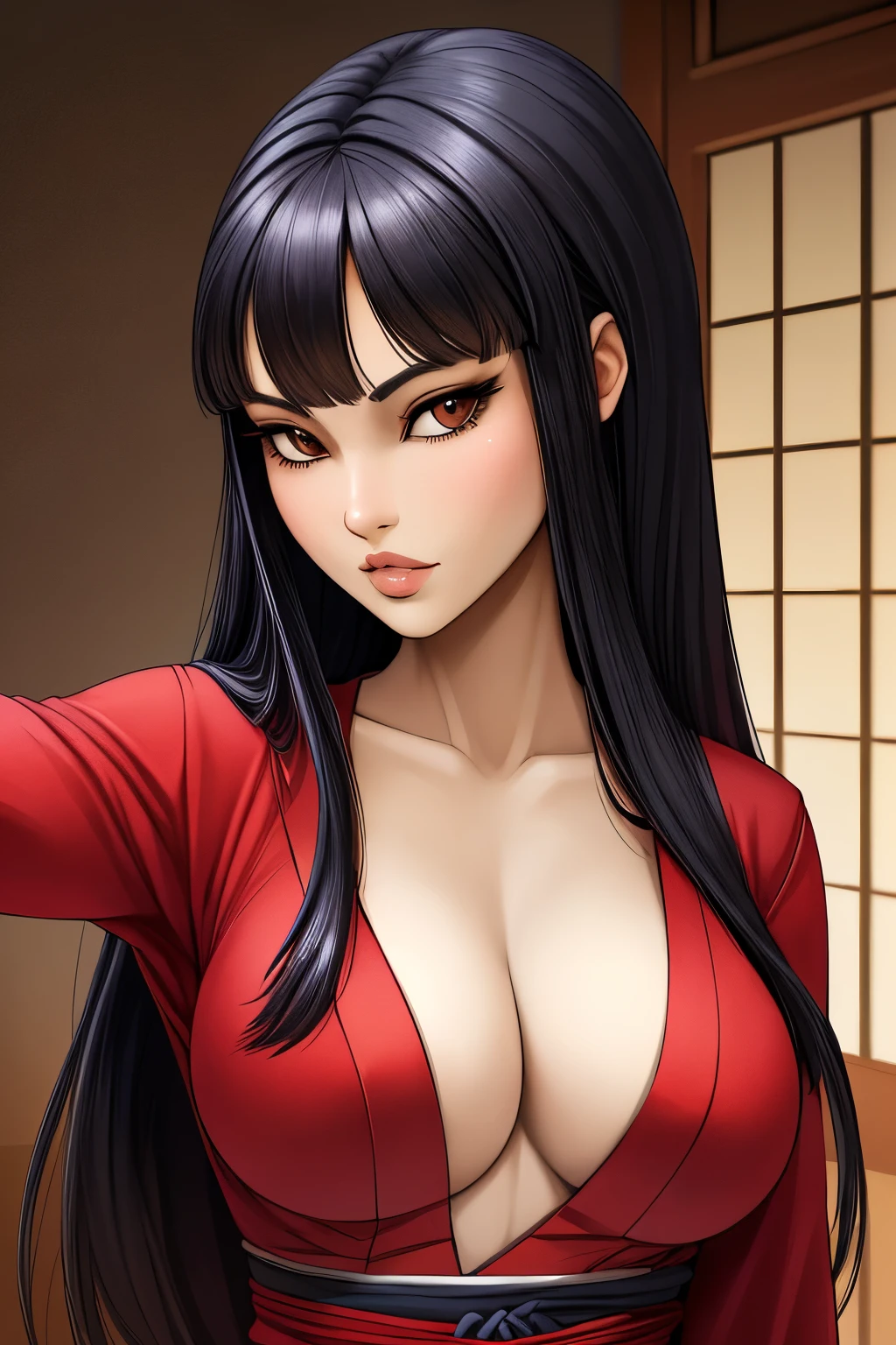 ((ultra quality)), ((masterpiece)), Tomie, ((black long hair)), (Beautiful face), (beautiful female lips), (), charming, ((Neutral facial expression)), looks at the camera, (skin color white), (White skin), glare on the body, ((Detailed eyes)), ((Brown eyes)), (juicy female lips), (dark eyeliner), (beautiful female hands), ((ideal female figure)), ideal female body, beautiful waist, beautiful hips, medium breasts, ((subtle and beautiful)), seductive stands (), (wearing a tight Tomie suit) background: Japanese House, ((depth of field)), ((high quality clear image)), (clear details), ((high detail)), realistically, professional photo session, ((Clear Focus))