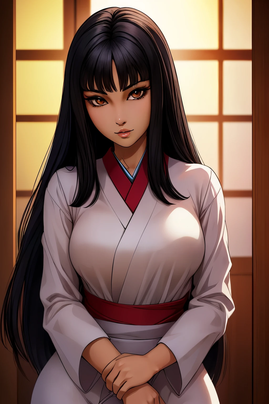 ((ultra quality)), ((masterpiece)), Tomie, ((black long hair)), (Beautiful face), (beautiful female lips), (), charming, ((Neutral facial expression)), looks at the camera, (skin color white), (White skin), glare on the body, ((Detailed eyes)), ((Brown eyes)), (juicy female lips), (dark eyeliner), (beautiful female hands), ((ideal female figure)), ideal female body, beautiful waist, beautiful hips, medium breasts, ((subtle and beautiful)), seductive stands (), (wearing a tight Tomie suit) background: Japanese House, ((depth of field)), ((high quality clear image)), (clear details), ((high detail)), realistically, professional photo session, ((Clear Focus))