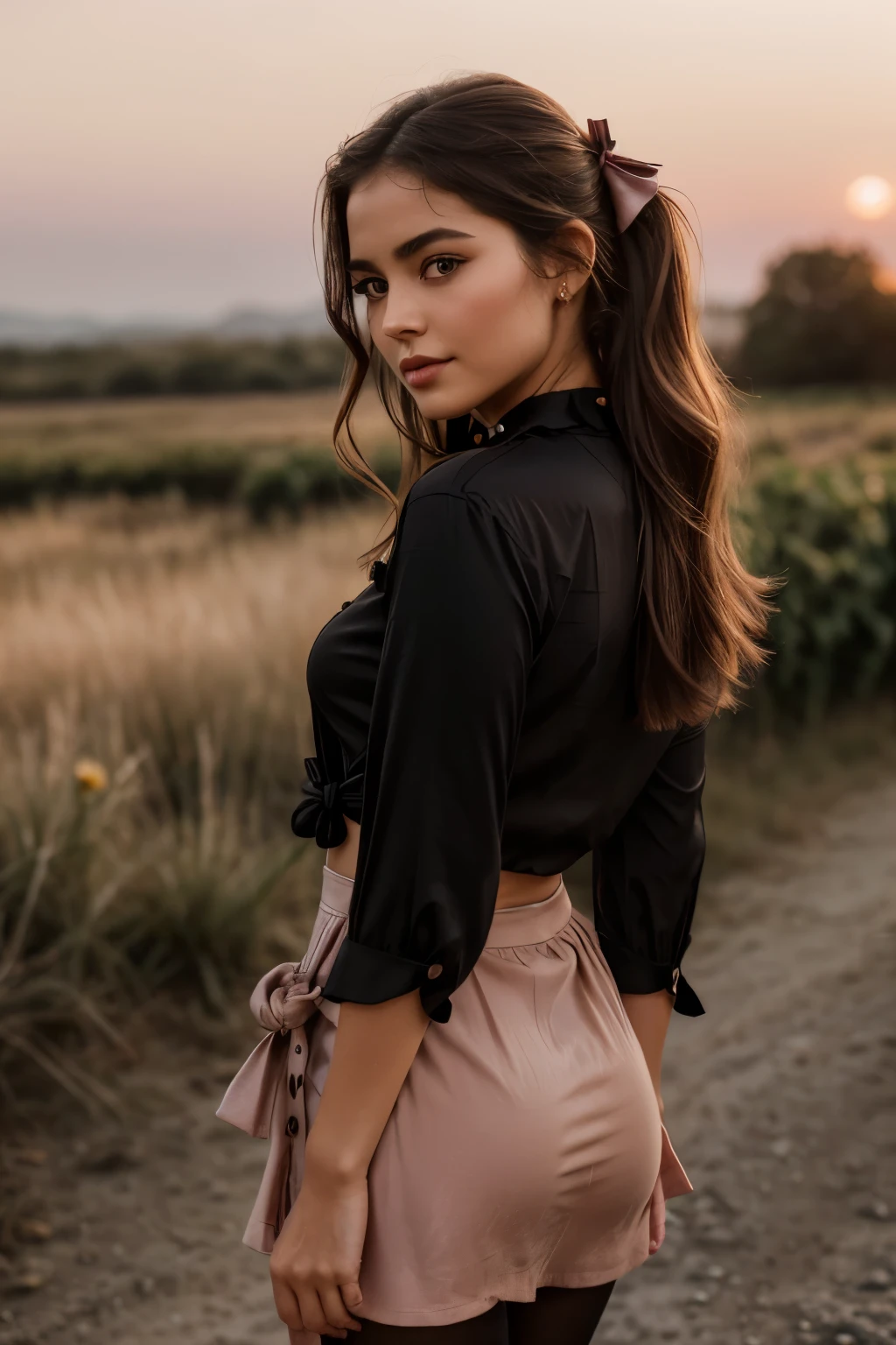 a woman is on a film set, waiting, a ((red brand cinema v-raptor XL 8k camera:1.1)) next to her, facing her, she's standing on a gravel backlot, surreal painted sunset artificial backdrop behind, a portrait is being taken of her on set, picture is taken by Leica M camera, Hasselblad H6D digital, hyper realistic skin and textures, every detail captured, high resolution face, skin, eyes ,eyelashes, the shadows are dark and rich, luscious saturation and contrast, the woman is dressed ((in drapey blush button-up crop shirt, black bows on shirt, in hair, rose maxi-shirt, peak-a-bow tights:1.2, and black shoes)), black bow in her (amber hair, tied back, behind her ears, up in bow twist, messy strands frame her cherub face), rosy cheeks, she stands relaxed and comforted by camera, lovely and elegant woman